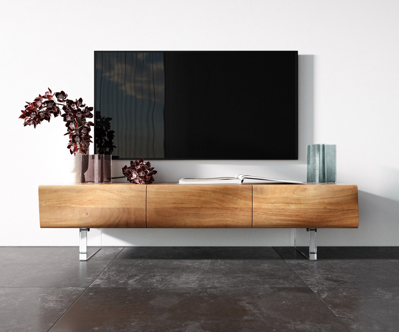 Szafka RTV New Live-Edge 145 cm akacja naturalna 3 drzwi nóżki akrylowe 3