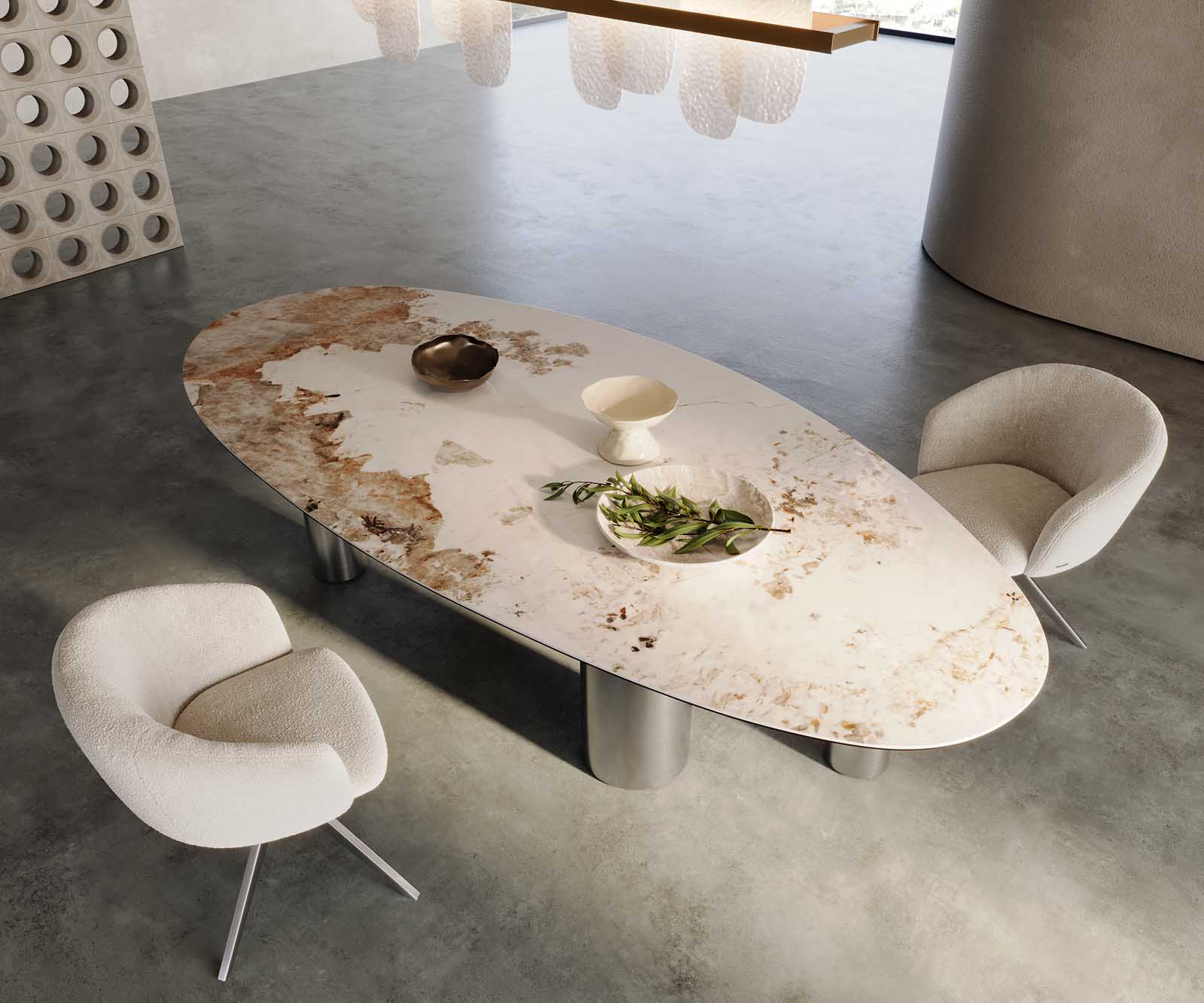 Stół do jadalni Edge owalny 280x130cm ceramika Minas Melange biało-beżowy rama Estelar metal czarny 5