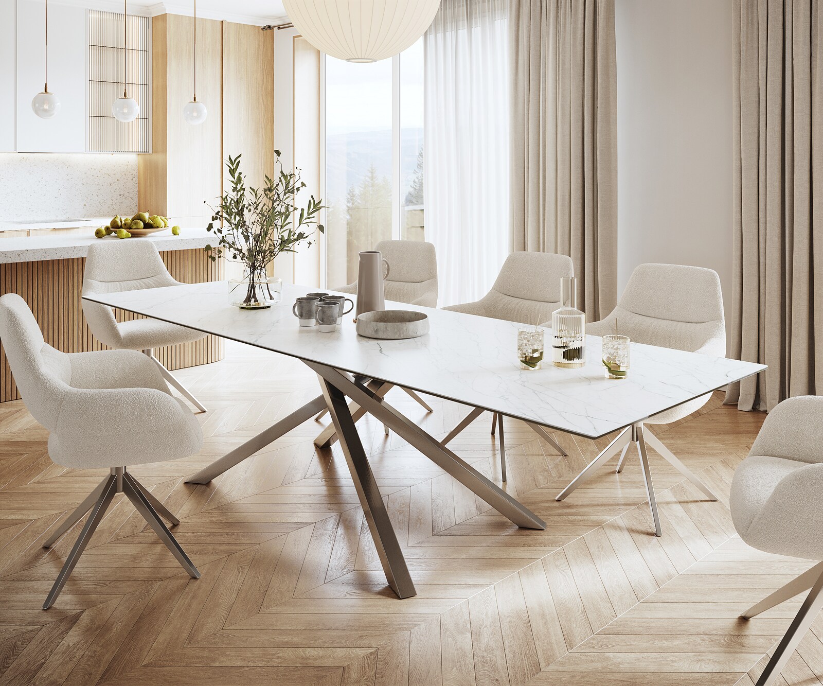 Stół do jadalni Edge 300x100cm ceramika Laminam® Statuarietto biały rama Cross stal nierdzewna