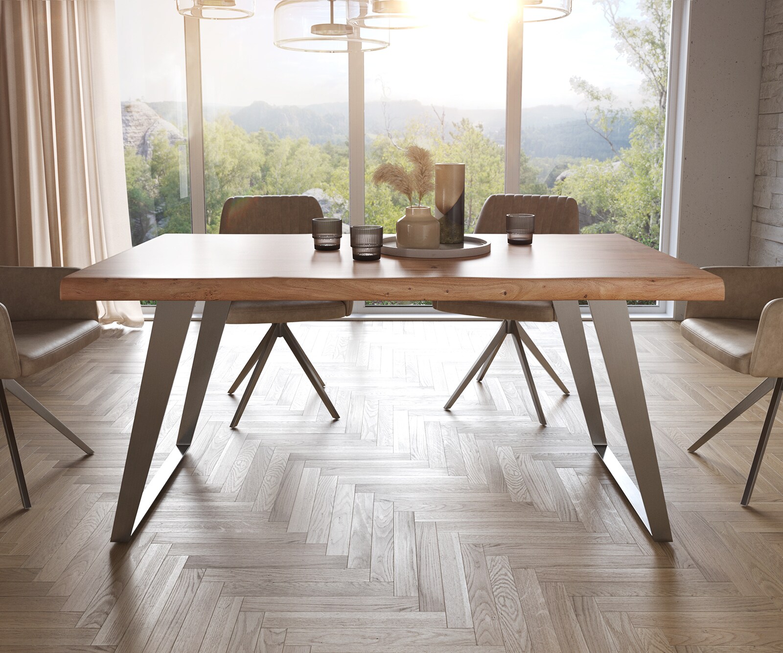 Stół do jadalni Edge 160x90cm XL akacja naturalna stal nierdzewna pochylona rama live-edge 1