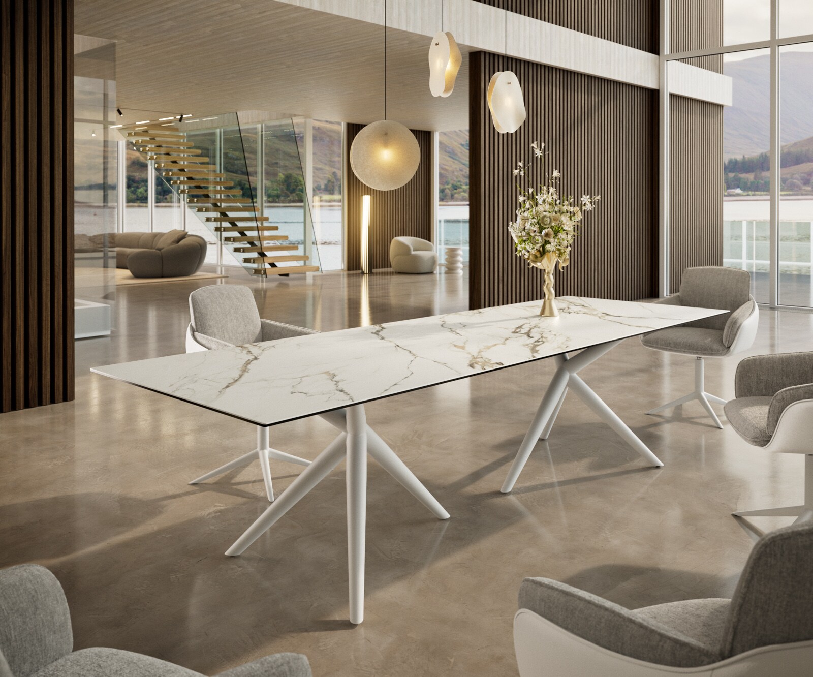 Stół do jadalni Edge 300x100cm ceramika Calacatta Luxe biało-złoto-szary rama Estelar metal biały 1