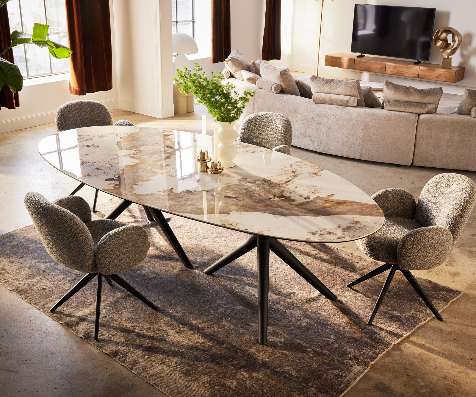 Stół do jadalni Edge owalny 280x130cm ceramika Minas Melange biało-beżowy rama Estelar metal czarny