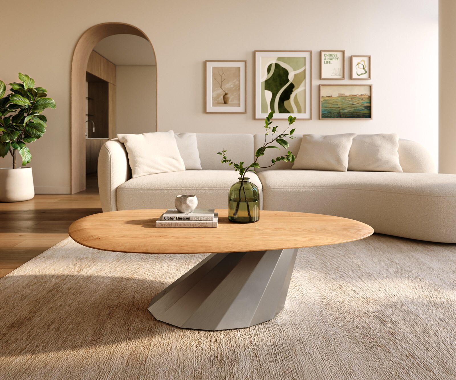 Stolik kawowy Edge owalny 140x75 cm dąb naturalny zaokrąglona krawędź Parabi stal nierdzewna szczotkowana 1