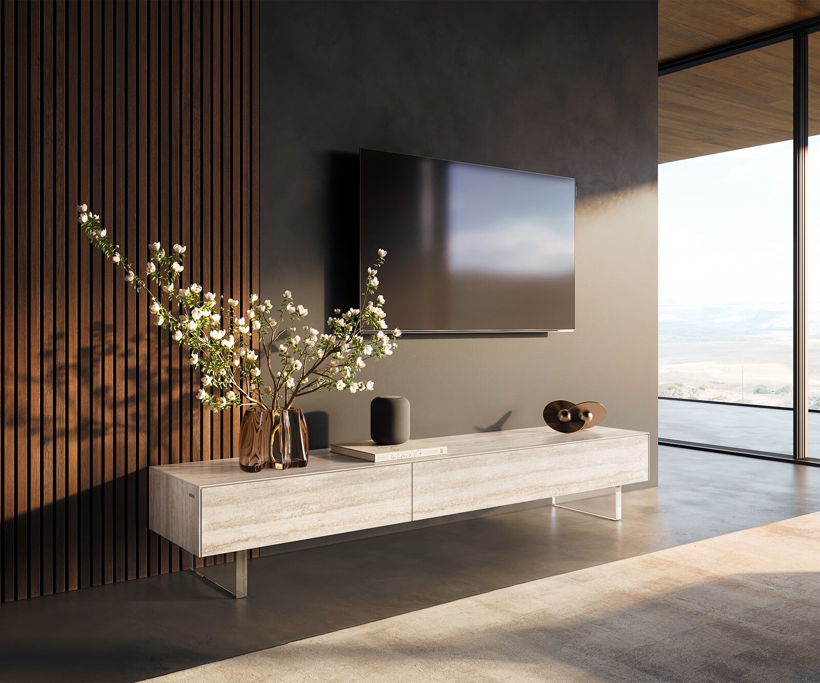 Szafka RTV Cuor 200 cm ceramika Laminam® Travertino Bianco kremowo-biały 1 klapa 1 szuflada nóżki akrylowe