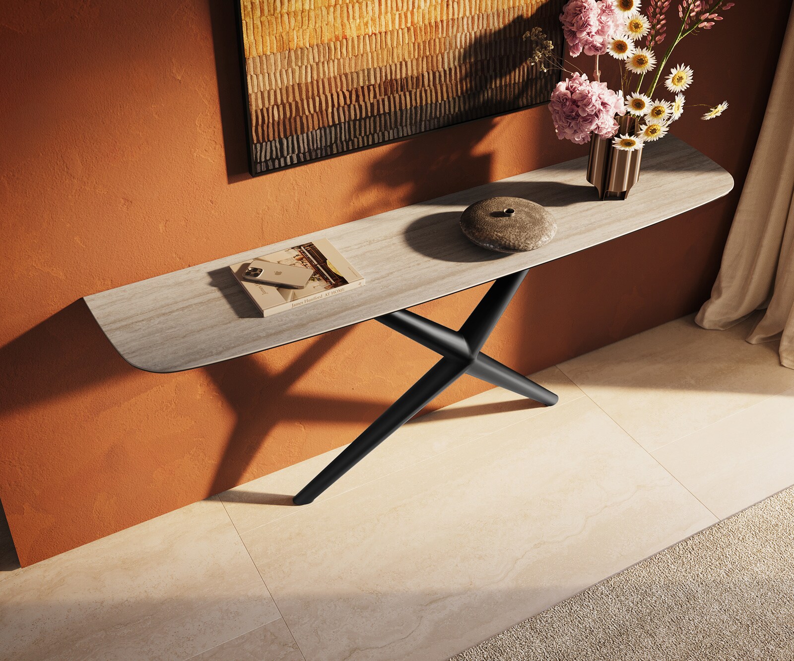 Konsola Edge w kształcie beczki 180x40 cm ceramika Laminam® Travertino Bianco kremowo-biały rama Estelo metal czarny 4