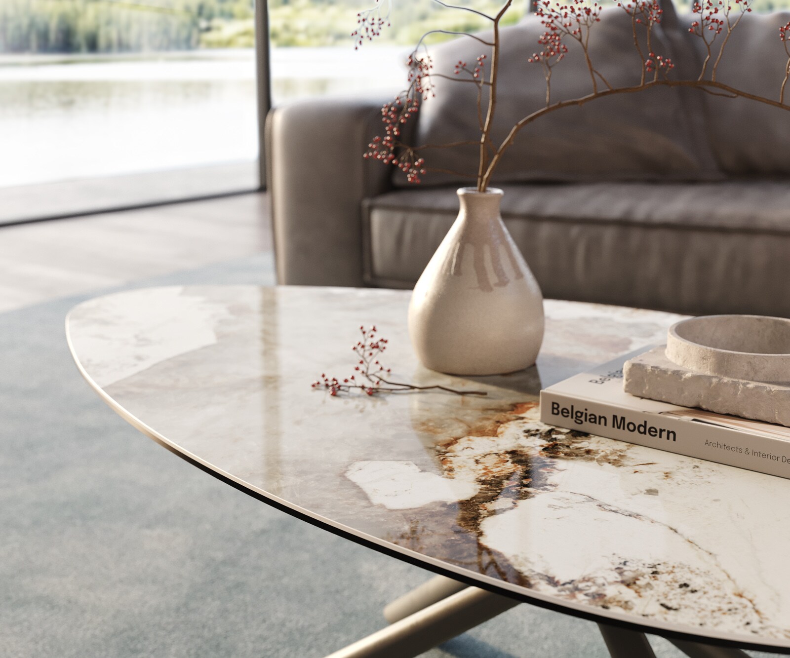 Stolik kawowy Edge organiczny 140x76 cm ceramika Minas Melange podstawa Sarity wykończenie tytanowe 6