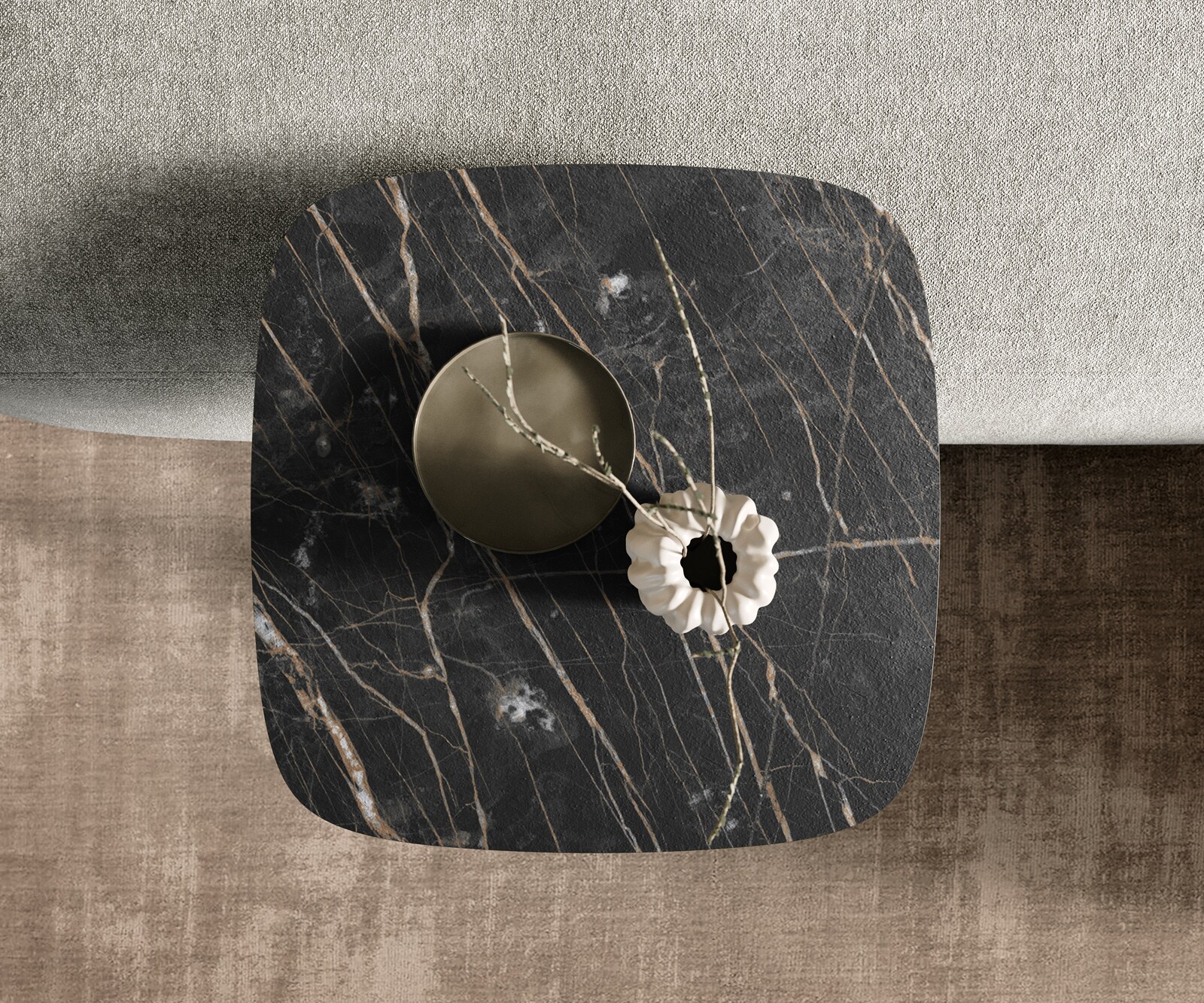Stolik kawowy Edge w kształcie beczki 50x50 cm Laminam® Noir Desir brązowy podstawa Eleny stal nierdzewna szczotkowana 3