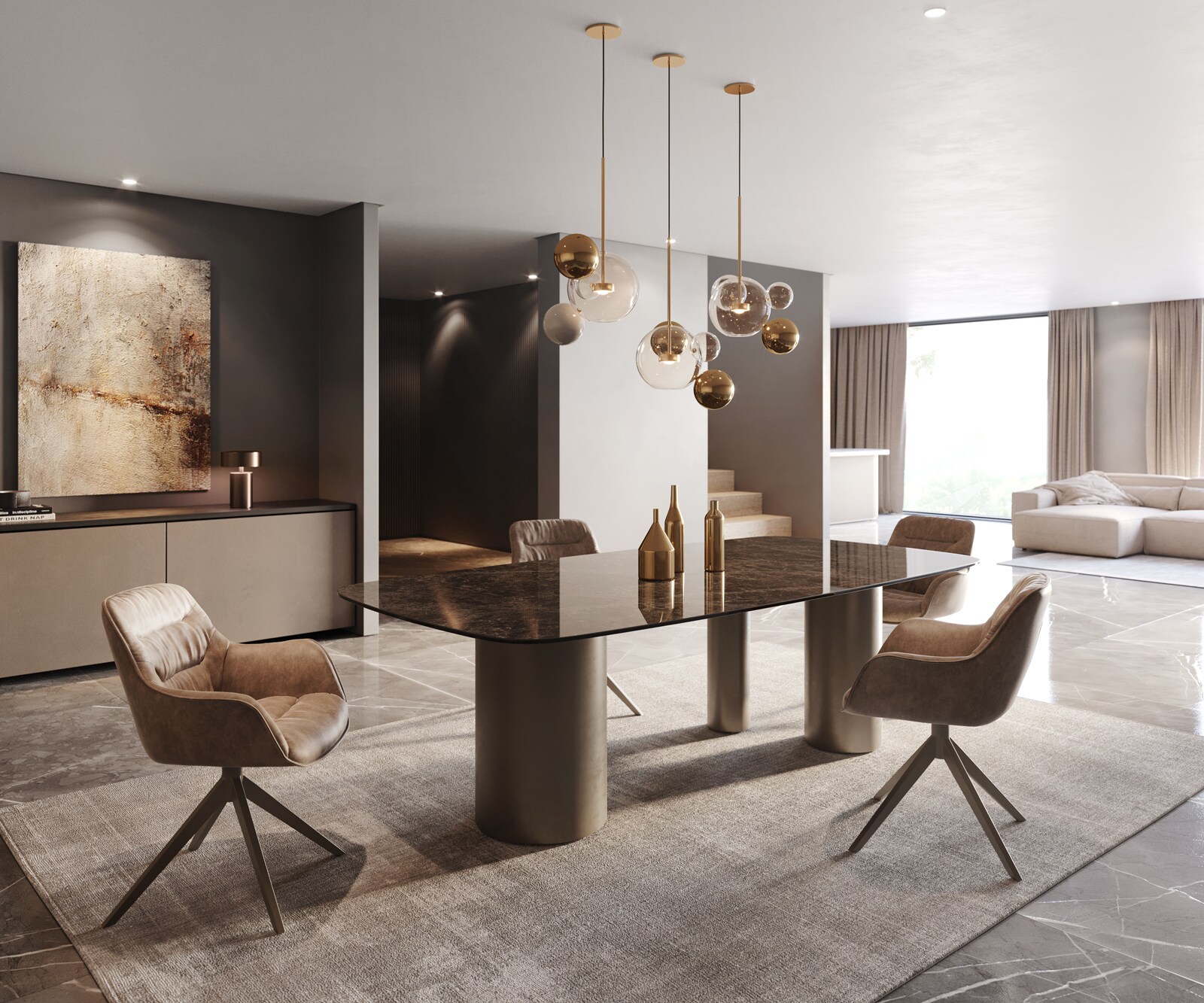 Stół do jadalni Edge kształt beczki 240x120cm ceramika Emperador Extra Lucidato ciemnobrązowy rama Troa metal kolor tytanowy 6
