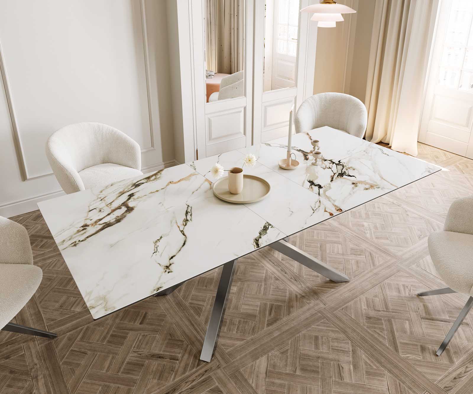Stół do jadalni Edge 180-220x100 cm ceramika Calacatta Luxe biało-złoto-szary rama Cross stal nierdzewna rozkładany 5