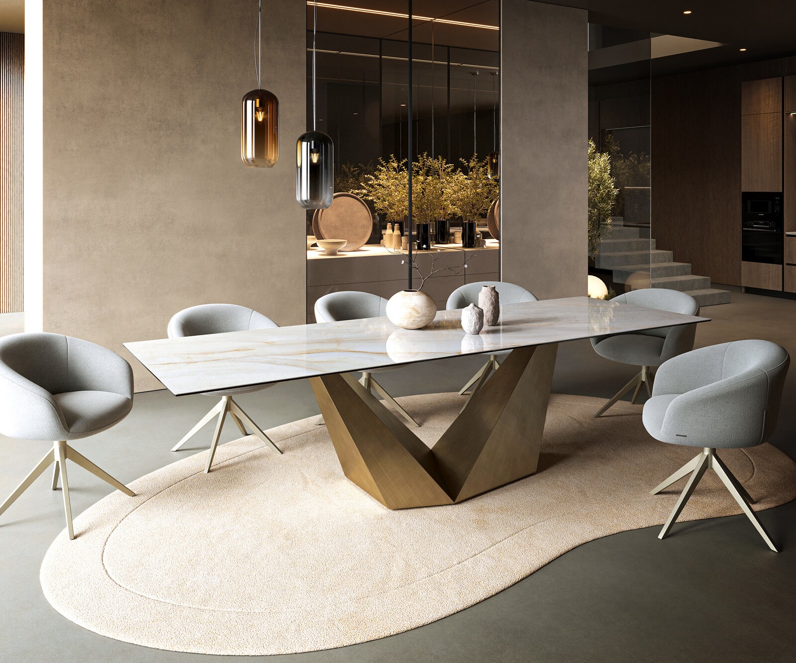 Stół do jadalni Edge 300x100 cm ceramika Onyx Pearl rama Prisma metaliczny złoty 6