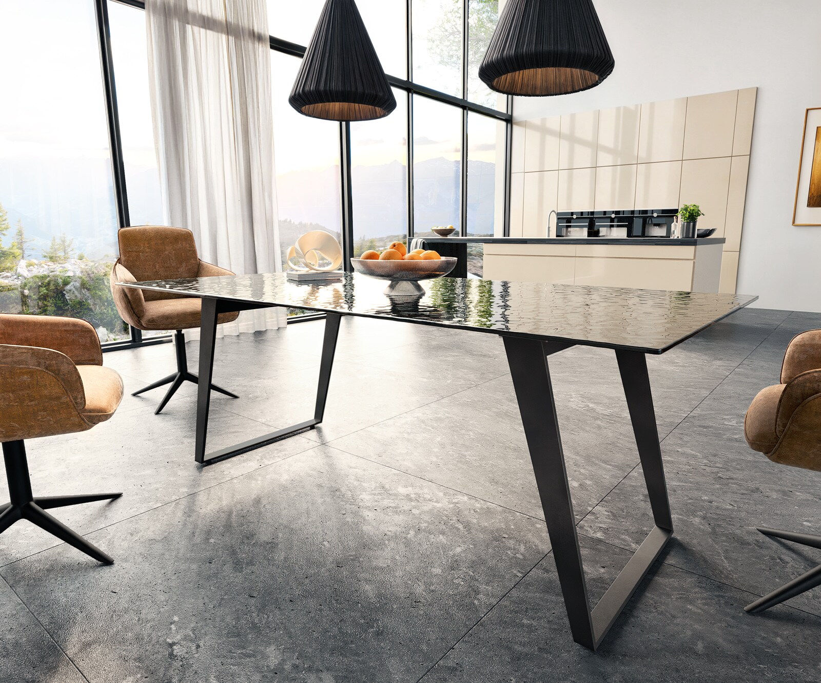 Stół do jadalni Edge 200x100 cm szkło reliefowe czarne efekt 3D metal pochylona rama czarna 3