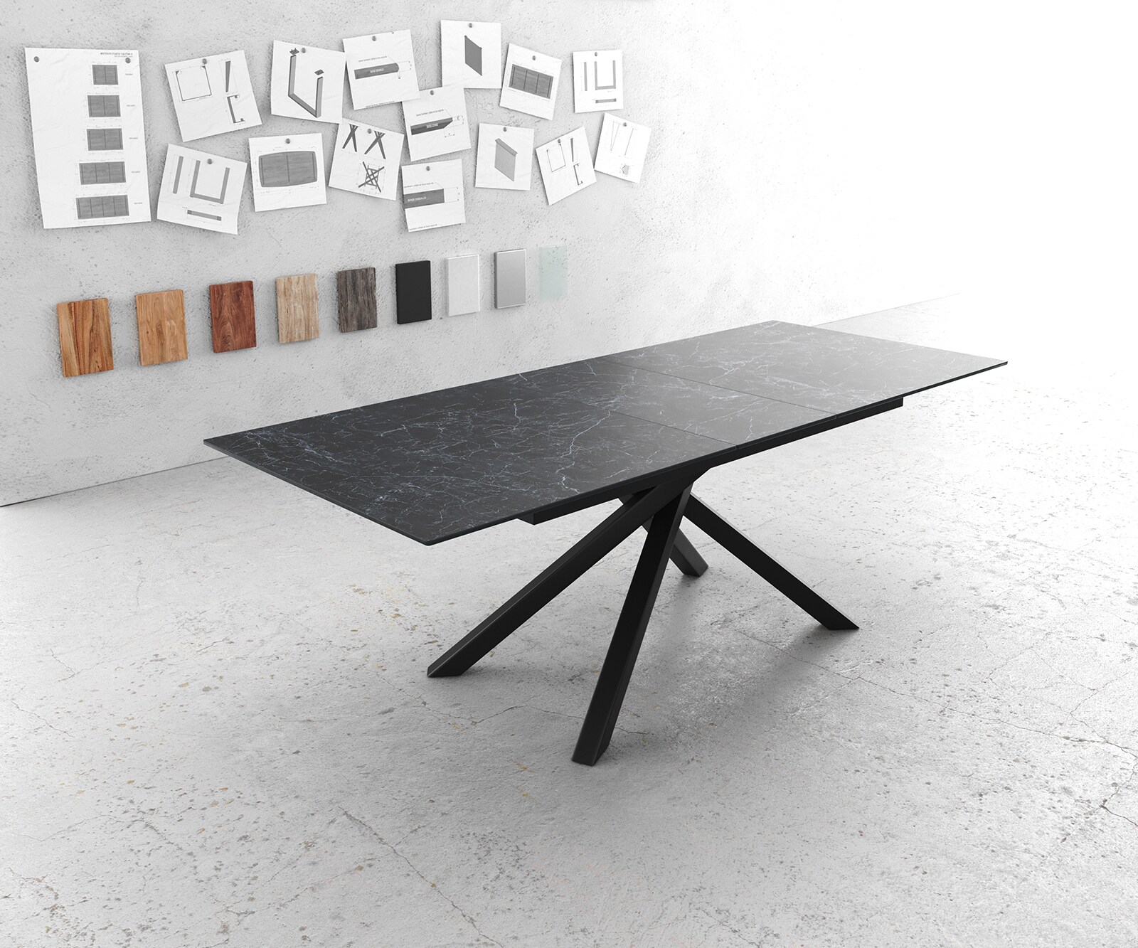 Stół do jadalni Edge 180-220x100 cm ceramika Laminam® Nero Greco antracyt rama Cross czarna rozkładany