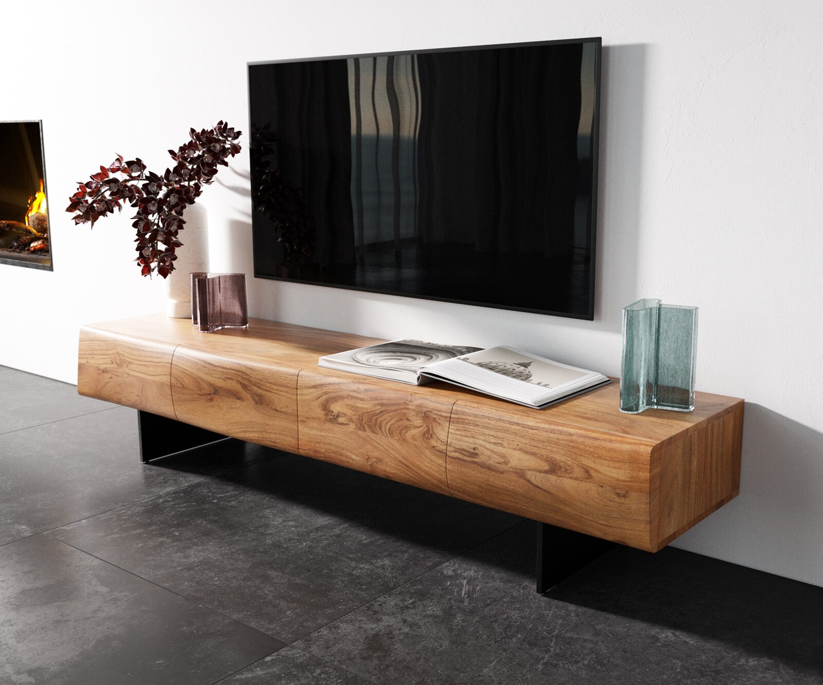 Szafka RTV New Live-Edge 175 cm akacja naturalna 4 drzwi nóżki wąskie czarny metal 1