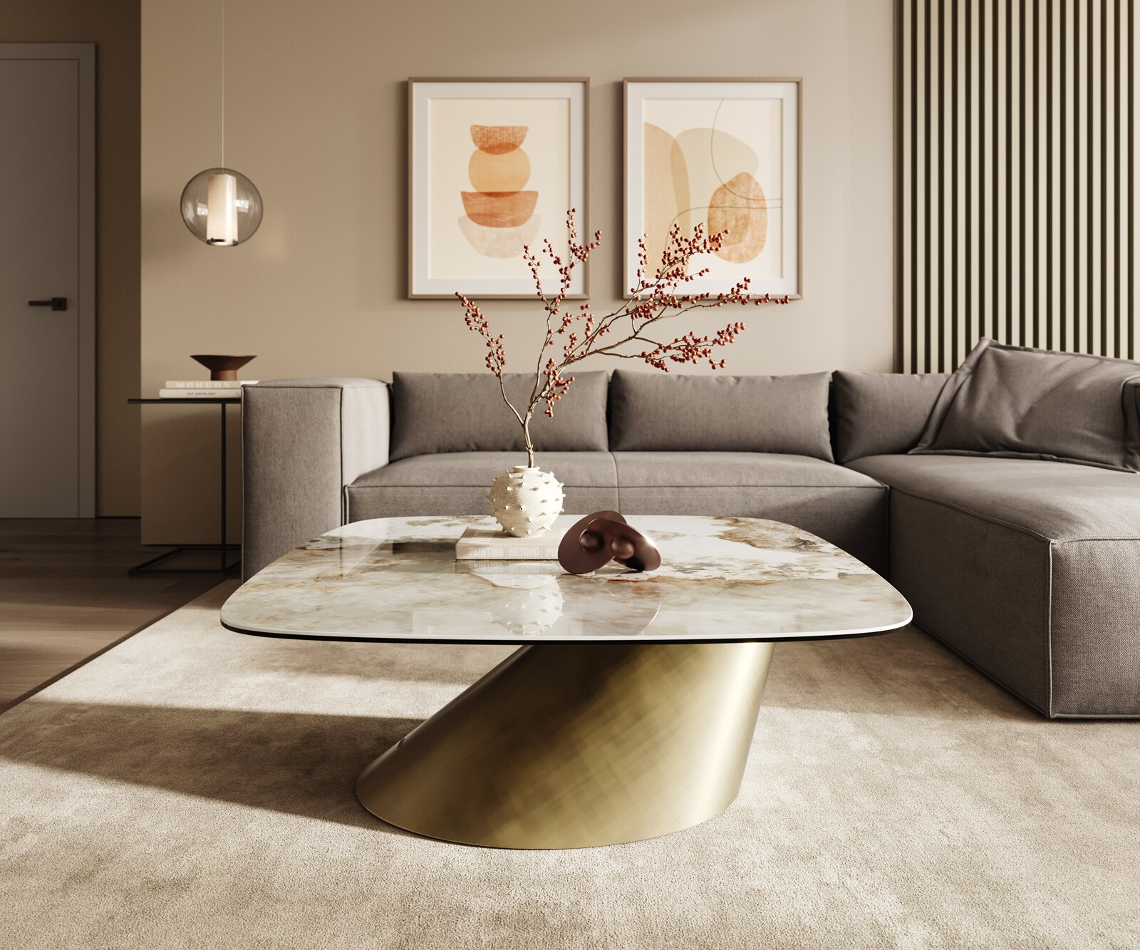 Stolik kawowy Edge w kształcie beczki 90x90 cm ceramika Minas Melange podstawa Conis metaliczny złoty 2