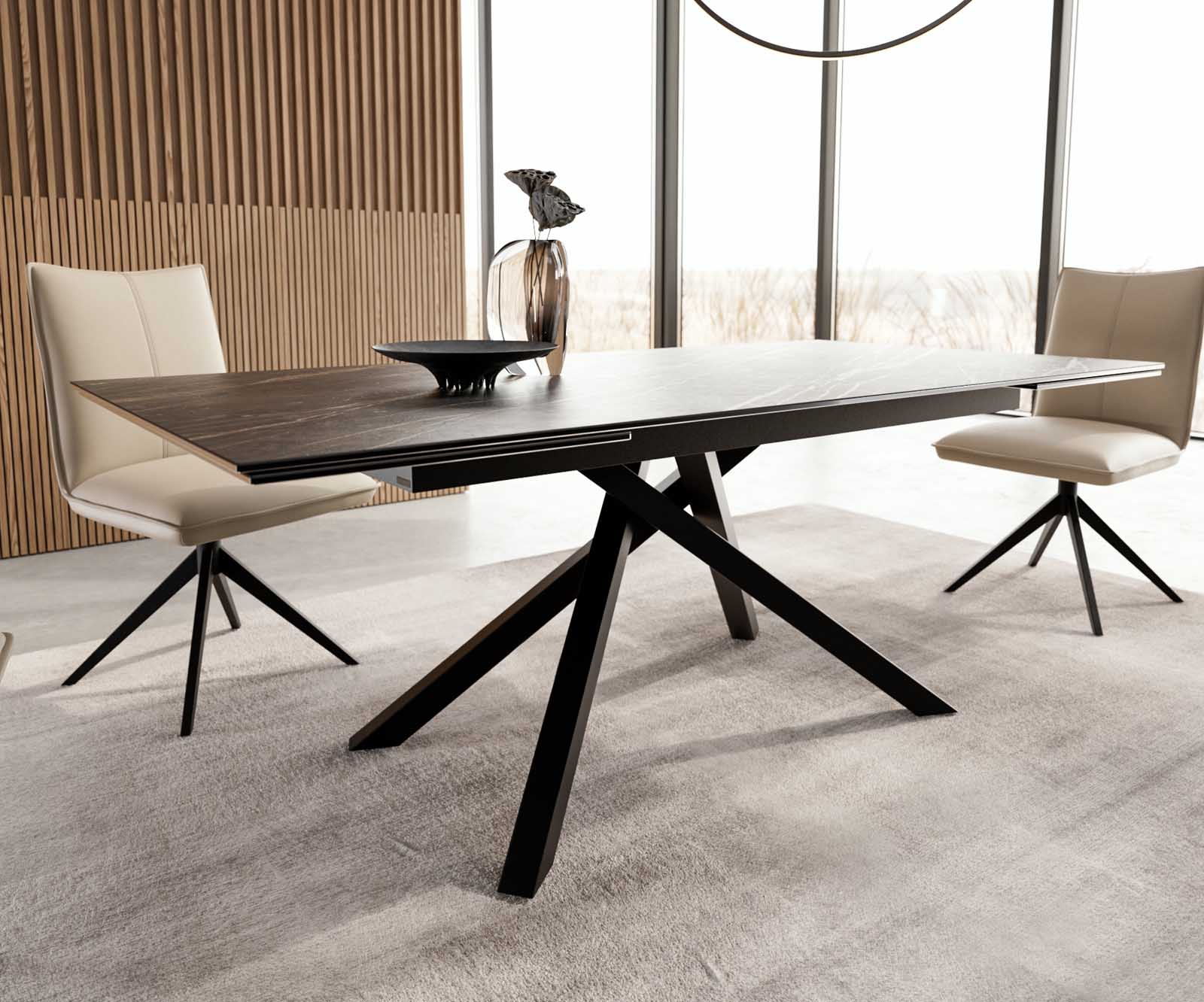 Stół do jadalni Edge 200-300x100 cm ceramika Laminam® Noir Desir brązowy rama Cross czarna rozkładany 5