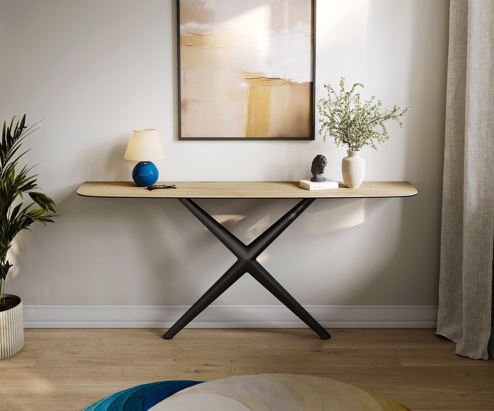 Konsola Edge w kształcie beczki 180x40 cm ceramika Laminam® Sabbia w kolorze dębu rama Estelo metal czarny 1