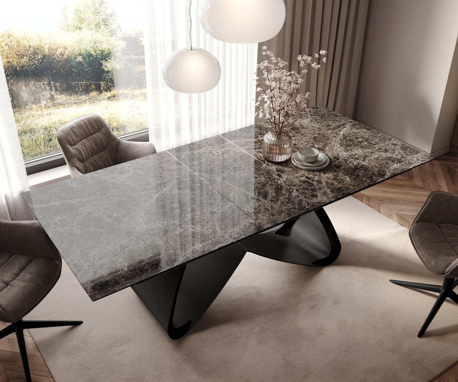 Stół do jadalni Edge 180-220x100cm ceramika Laminam® Emperador Extra Lucidato ciemnobrązowy rama W czarny rozkładany 3