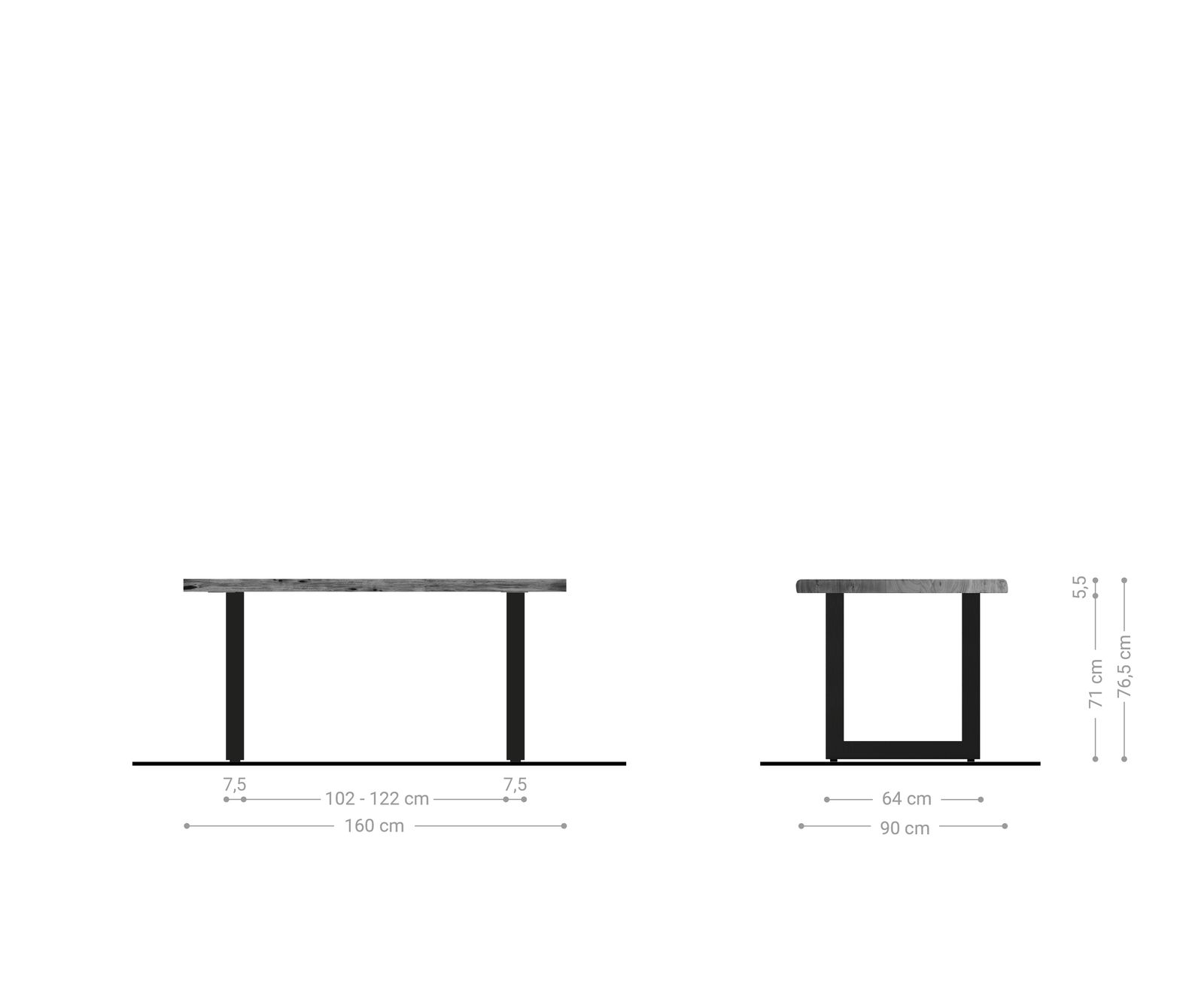 Stół do jadalni Edge 160x90cm XL akacja naturalna stal nierdzewna szeroka rama live-edge 5