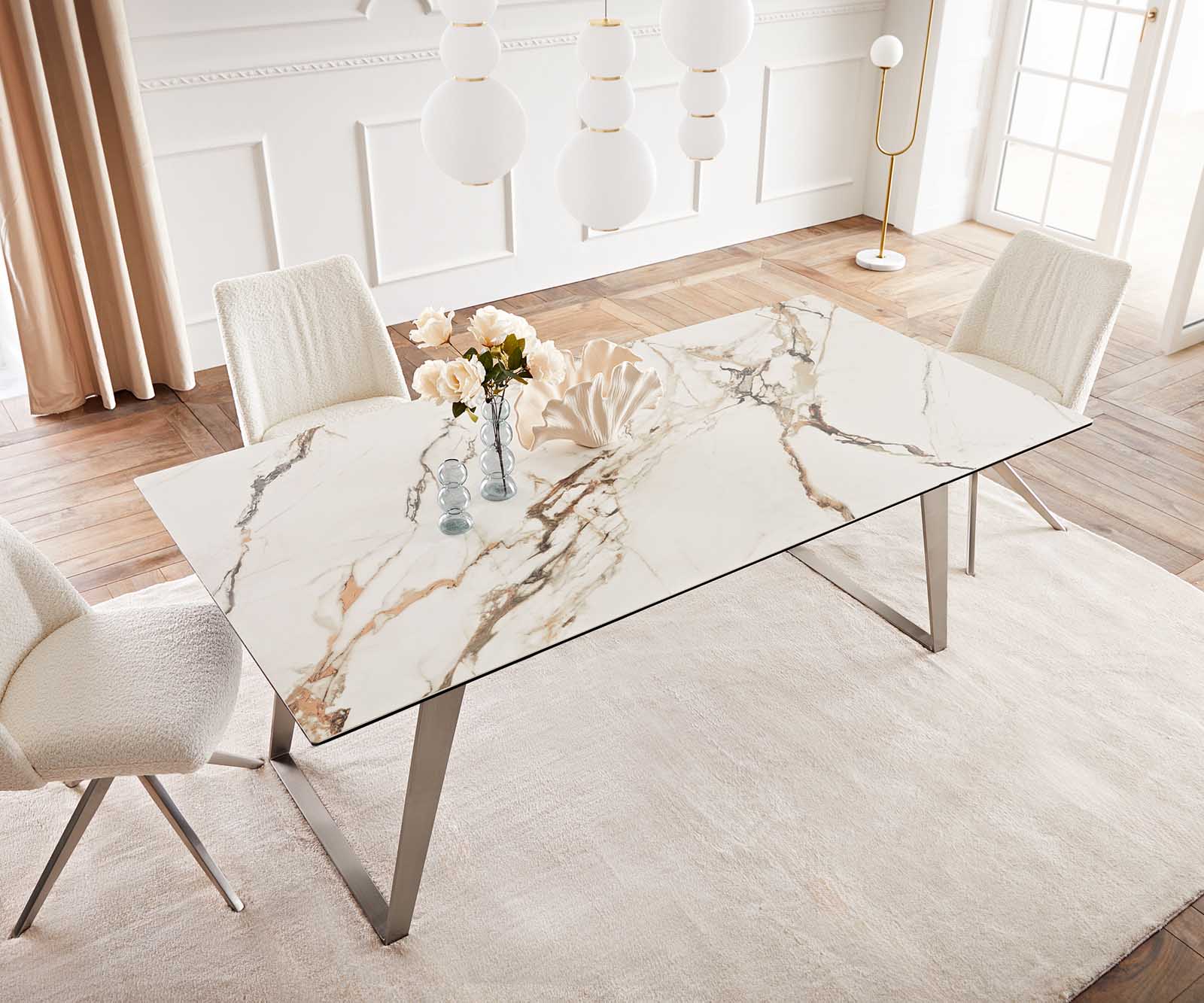 Stół do jadalni Edge 200x100 cm ceramika Calacatta Luxe biało-złoto-szary stal nierdzewna pochylona rama 5