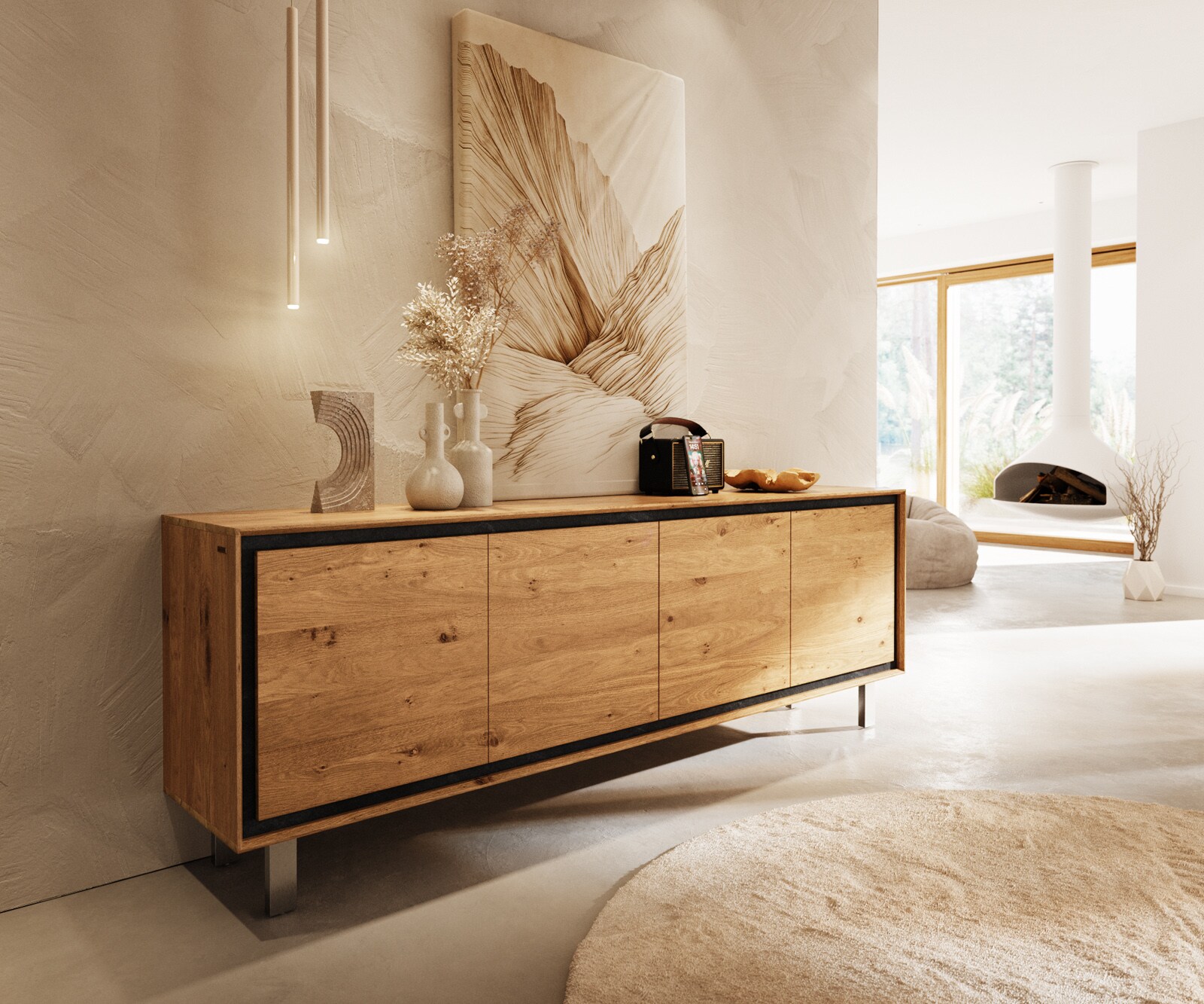 Komoda Stonegrace 200 cm dąb naturalny 4 drzwi nóżki kwadratowe stal nierdzewna szczotkowana 1