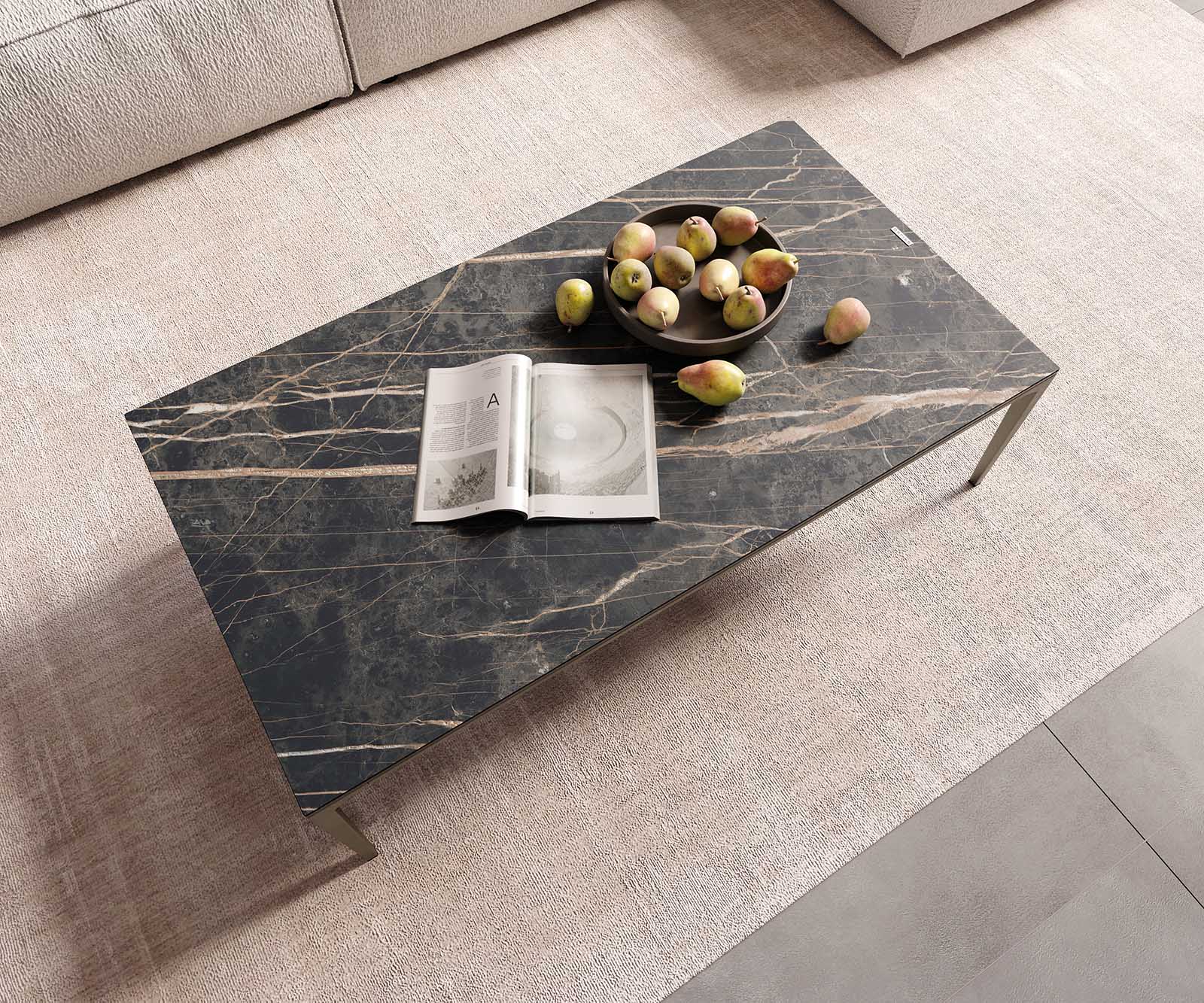 Stolik kawowy Levente 110x60 cm ceramika Laminam® Noir Desir brązowy rama metal kolor tytanowy 4