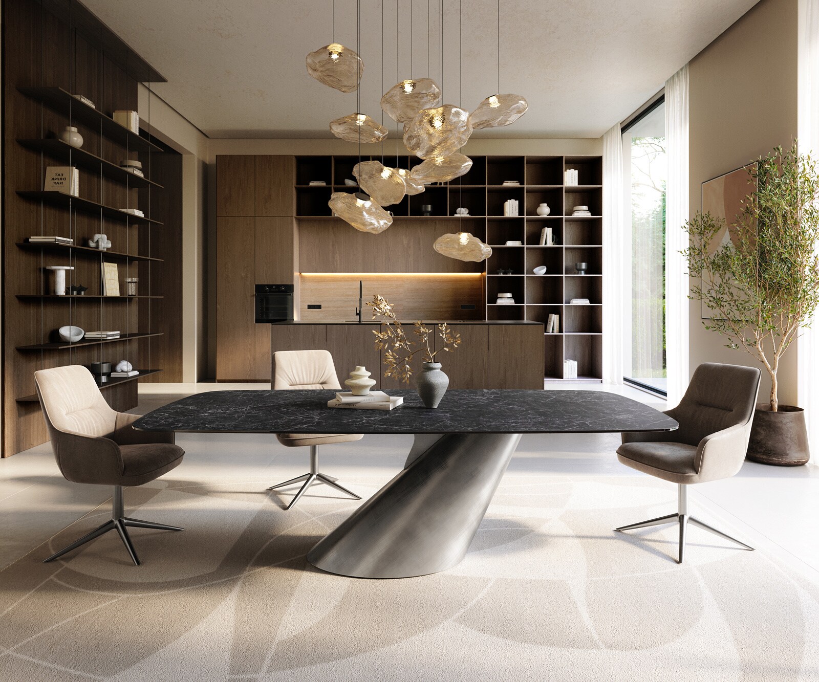 Stół do jadalni Edge w kształcie beczki 240x120 ceramika Laminam® Nero Greco antracytowa rama Cono metaliczny srebrny 2