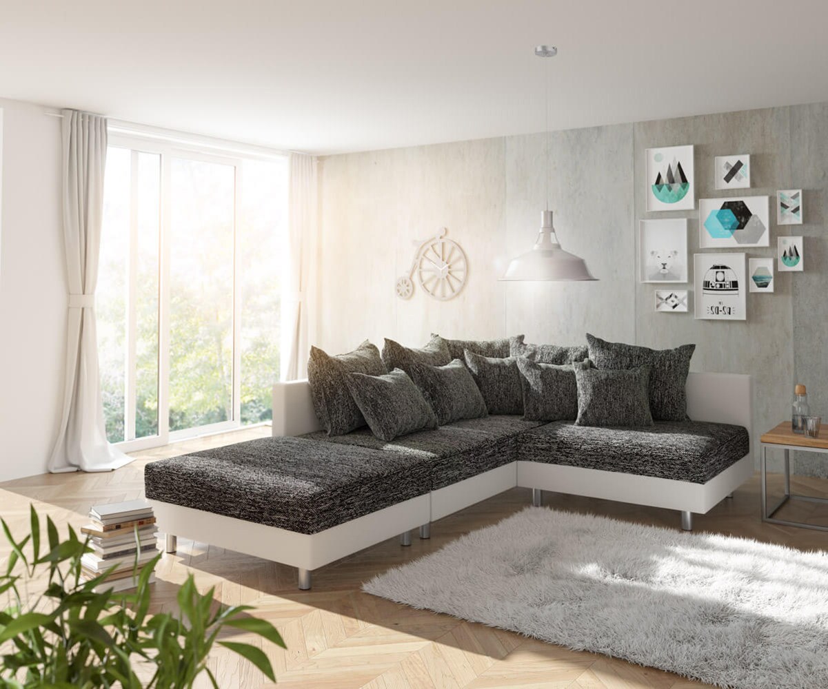Sofa narożna Clovis biało-czarna z pufem szezlong lewy