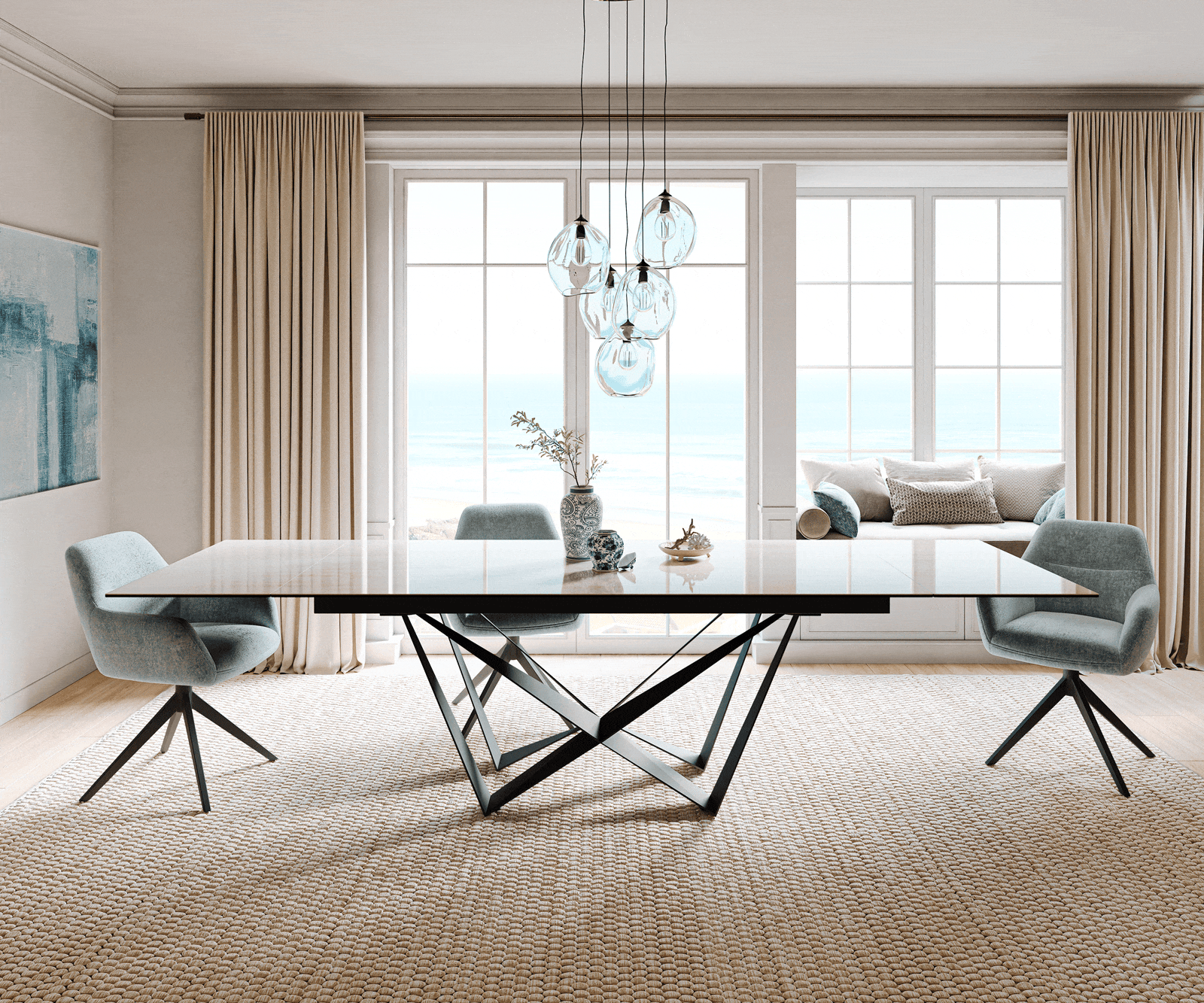 Stół do jadalni Edge 200-300x100cm ceramika Onyx Champagne rama Spider czarny rozkładany 1