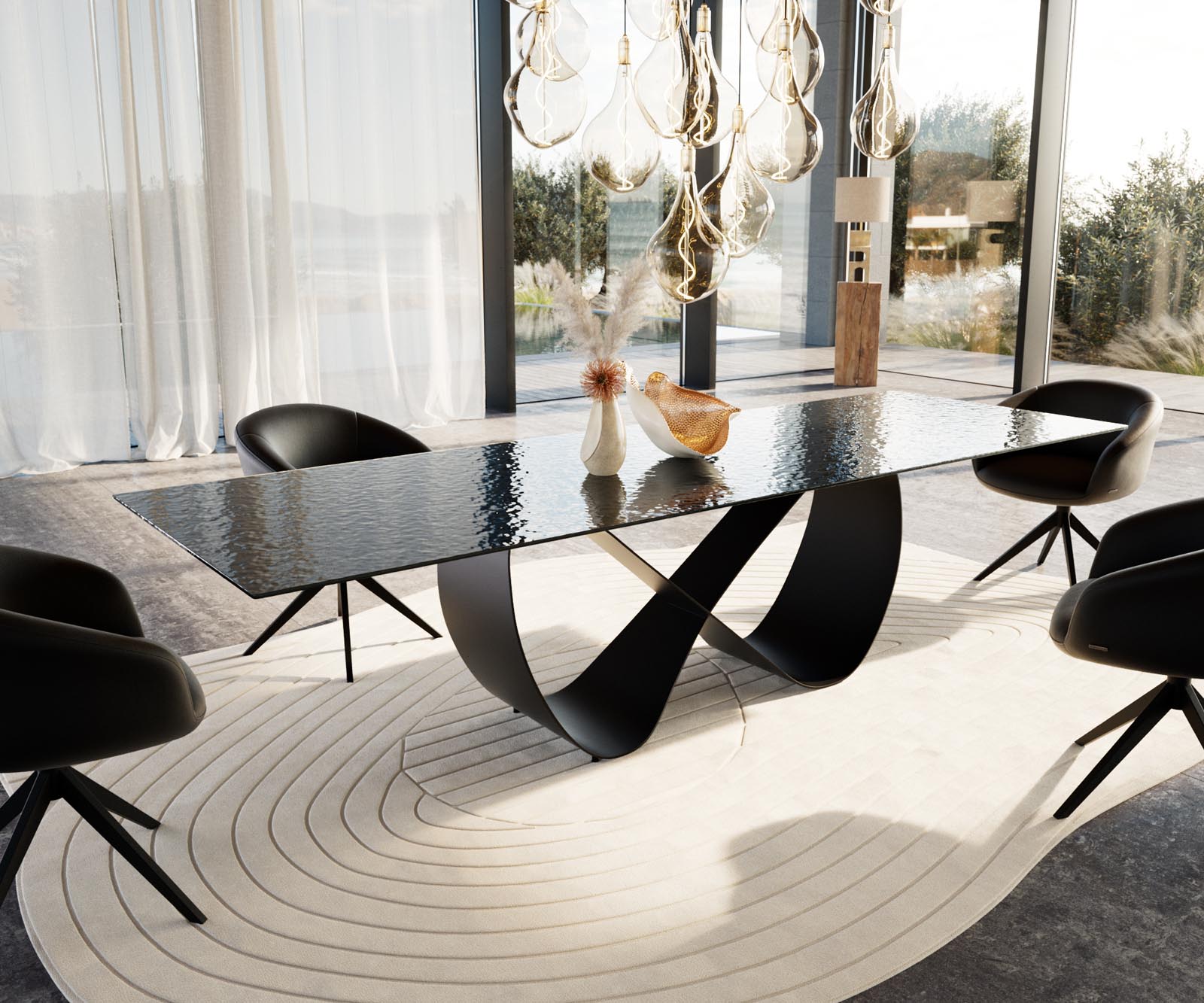 Stół do jadalni Edge 300x100cm szkło reliefowe czarne efekt 3D rama Infinity metal czarny