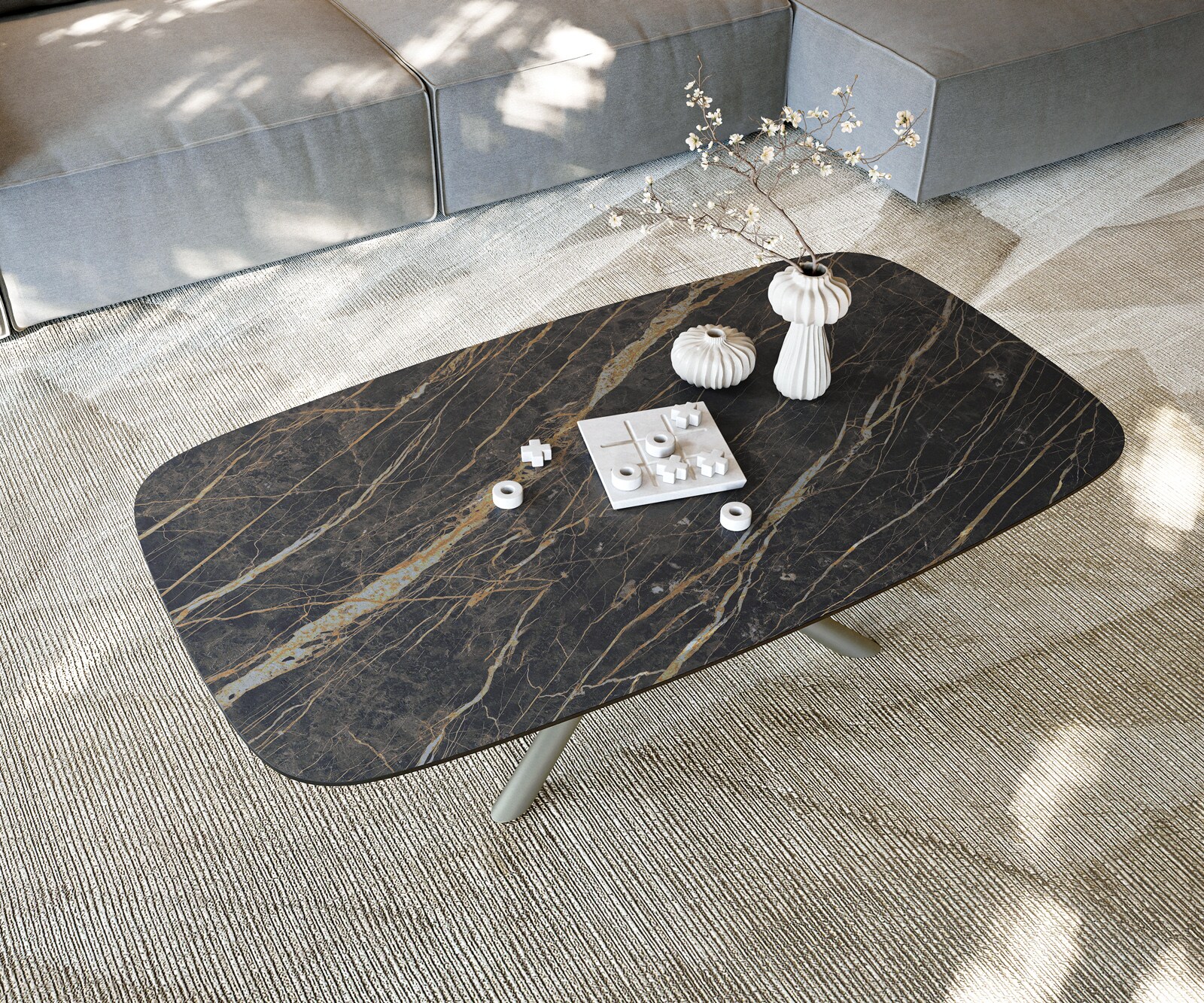 Stolik kawowy Edge w kształcie beczki 140x80 cm ceramika Laminam® Noir Desir brązowy Sarity wykończenie tytanowe 6