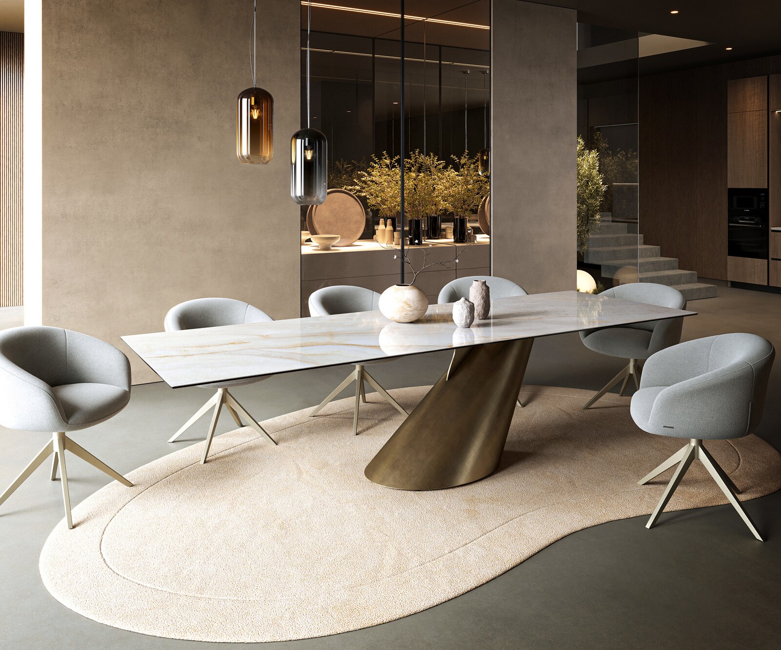 Stół do jadalni Edge 300x100cm ceramika Onyx Pearl rama Cono metaliczny złoty 6