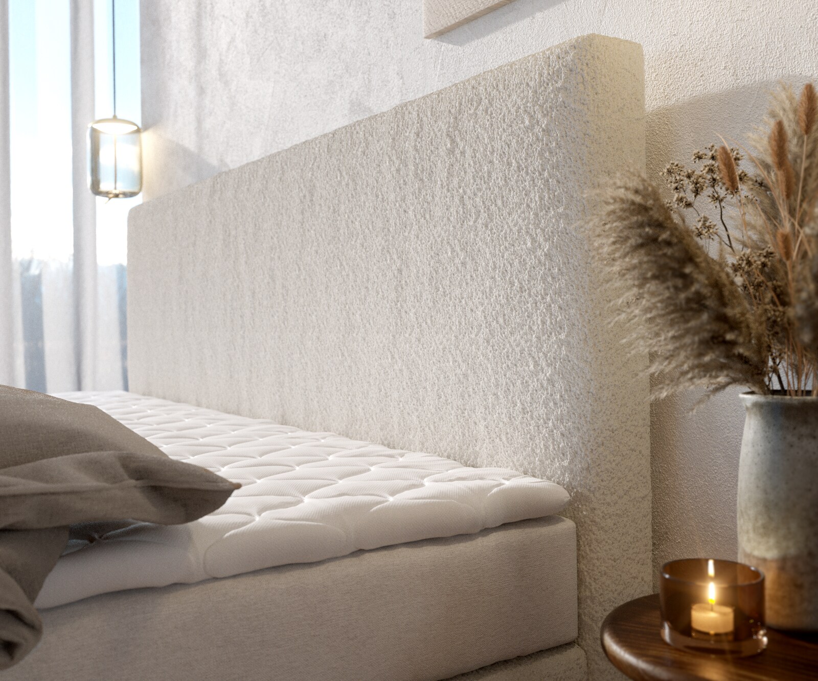 Łóżko kontynentalne Dream-Well bouclé kremowo-biały 200x200cm materac bonellowy topper PU 4