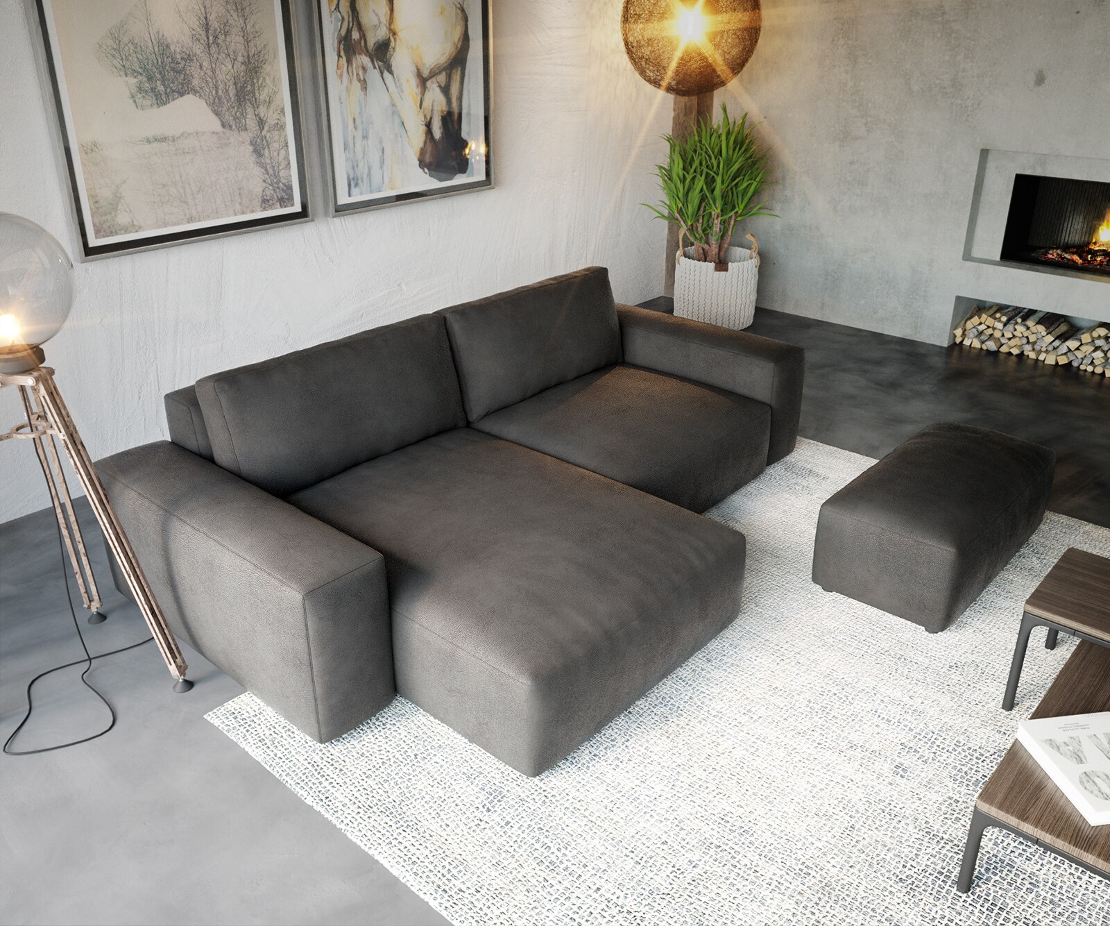 Sofa narożna Lanzo XL 270x180cm skóra ekologiczna antracyt vintage szezlong z możliwością zmiennego ustawienia z pufem 3