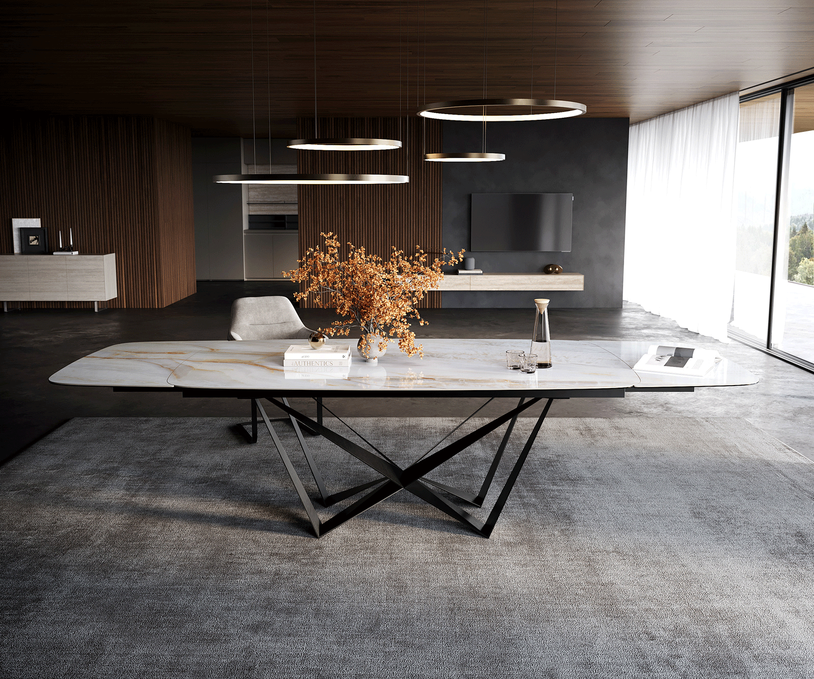 Stół do jadalni Edge w kształcie beczki 200-300x120 cm ceramika Onyx Pearl rama Spider czarna rozkładany 2