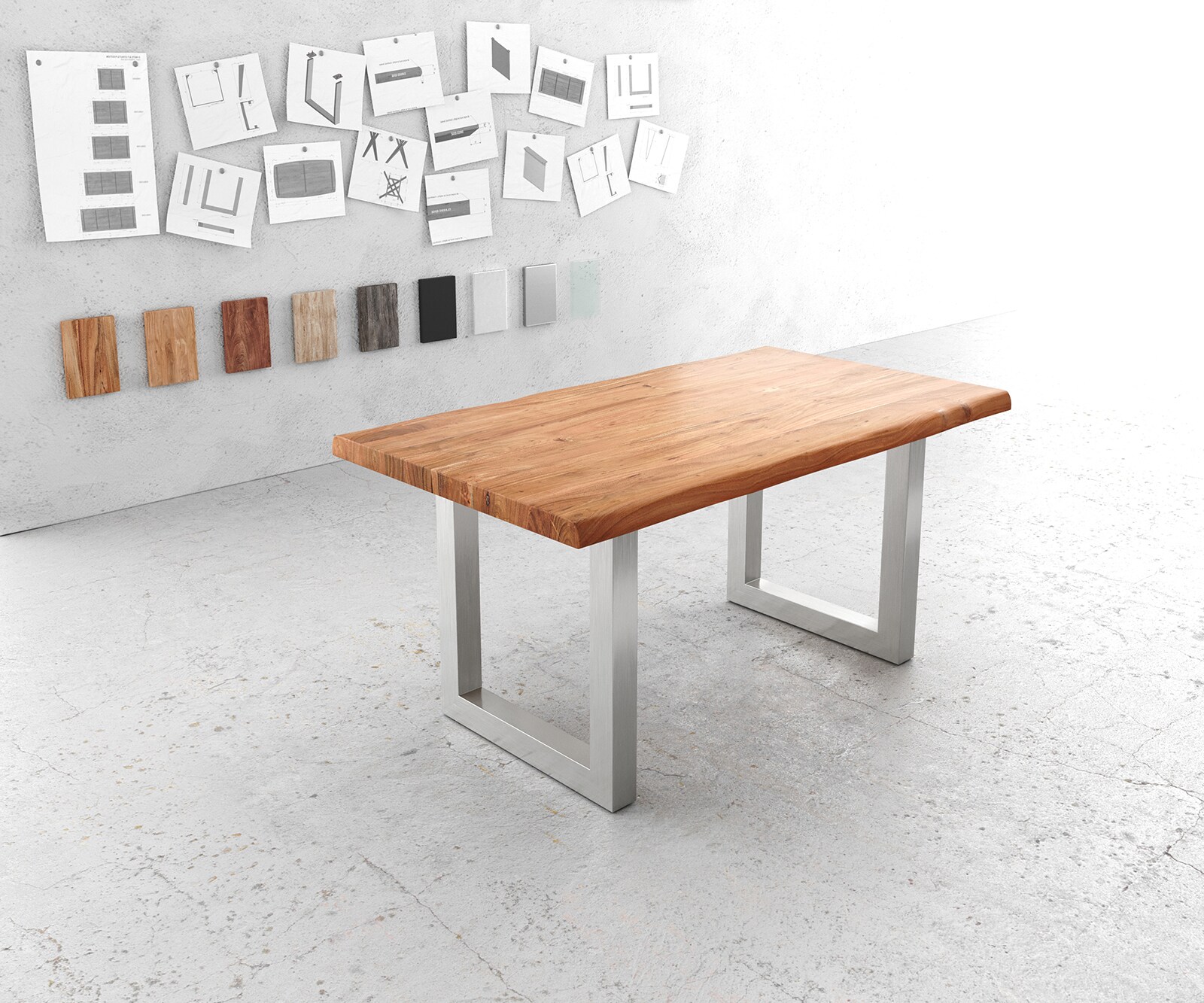 Stół do jadalni Edge 160x90cm XL akacja naturalna stal nierdzewna szeroka rama live-edge