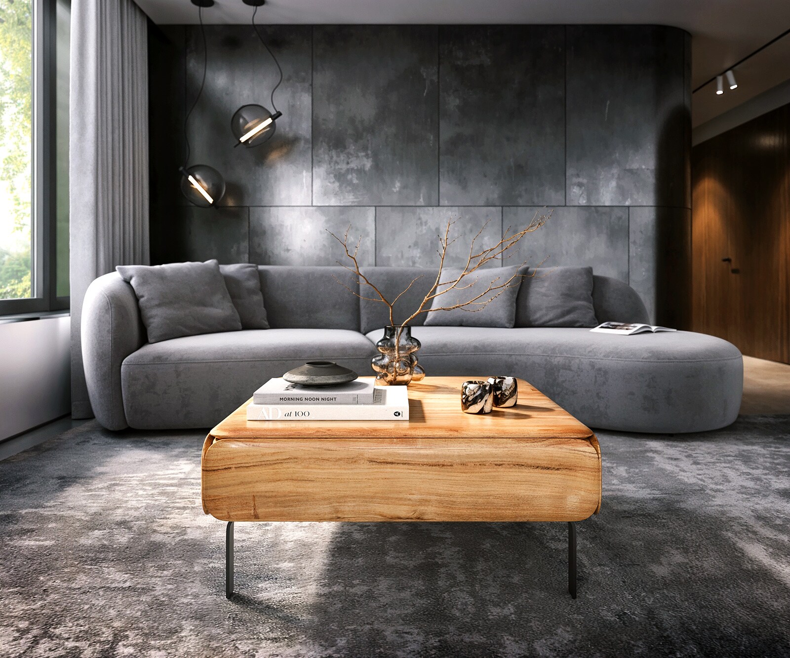 Stolik kawowy Shavani 90x90 cm akacja naturalna 2 Türen L-Fuß metal czarny 1