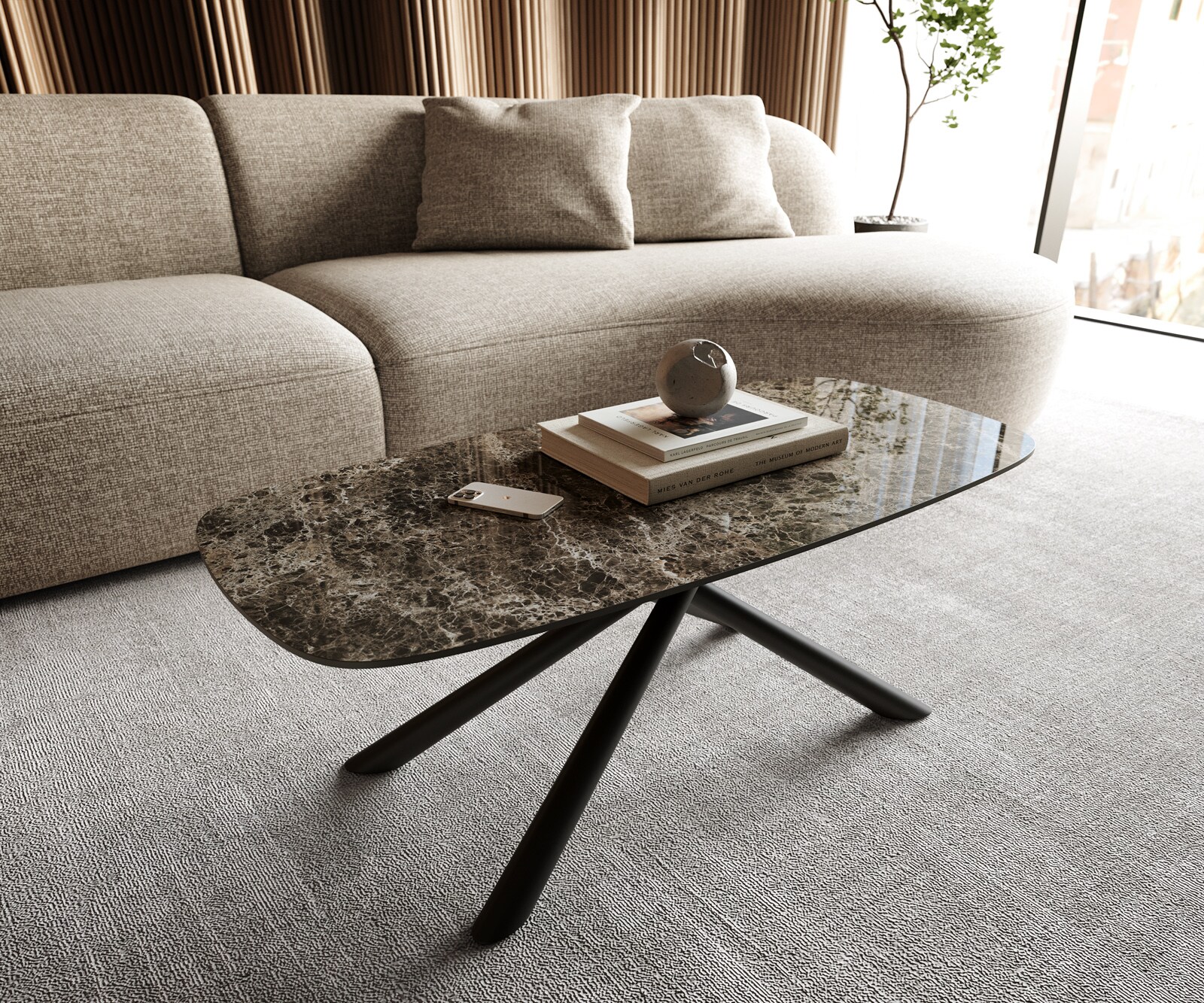 Stolik kawowy Edge w kształcie beczki 100x50 cm ceramika Laminam® Emperador Extra Lucidato ciemnobrązowy Sarity czarny metal