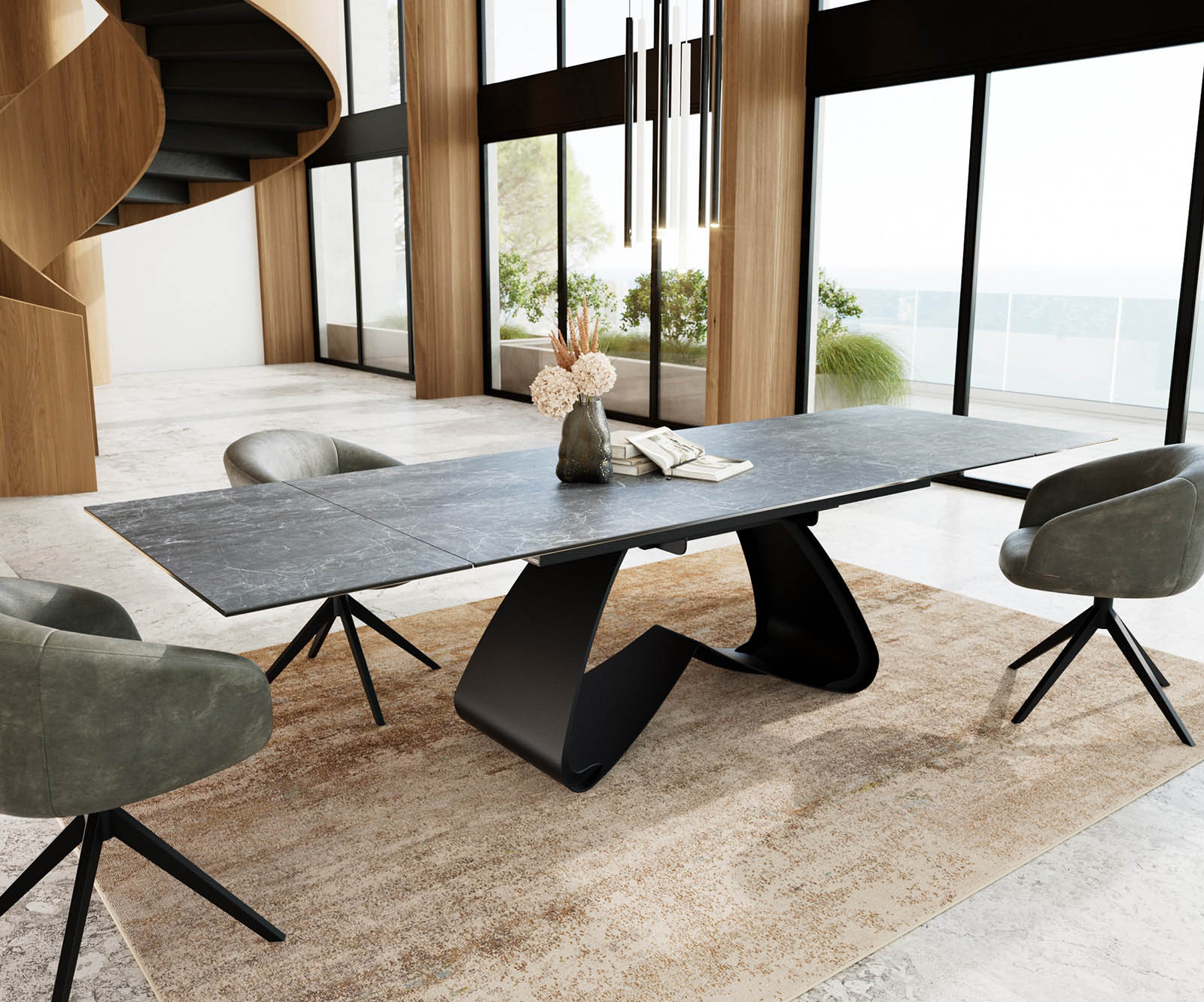 Stół do jadalni Edge 200-300x100 cm ceramika Laminam® Nero Greco antracyt rama W czarna rozkładany 5