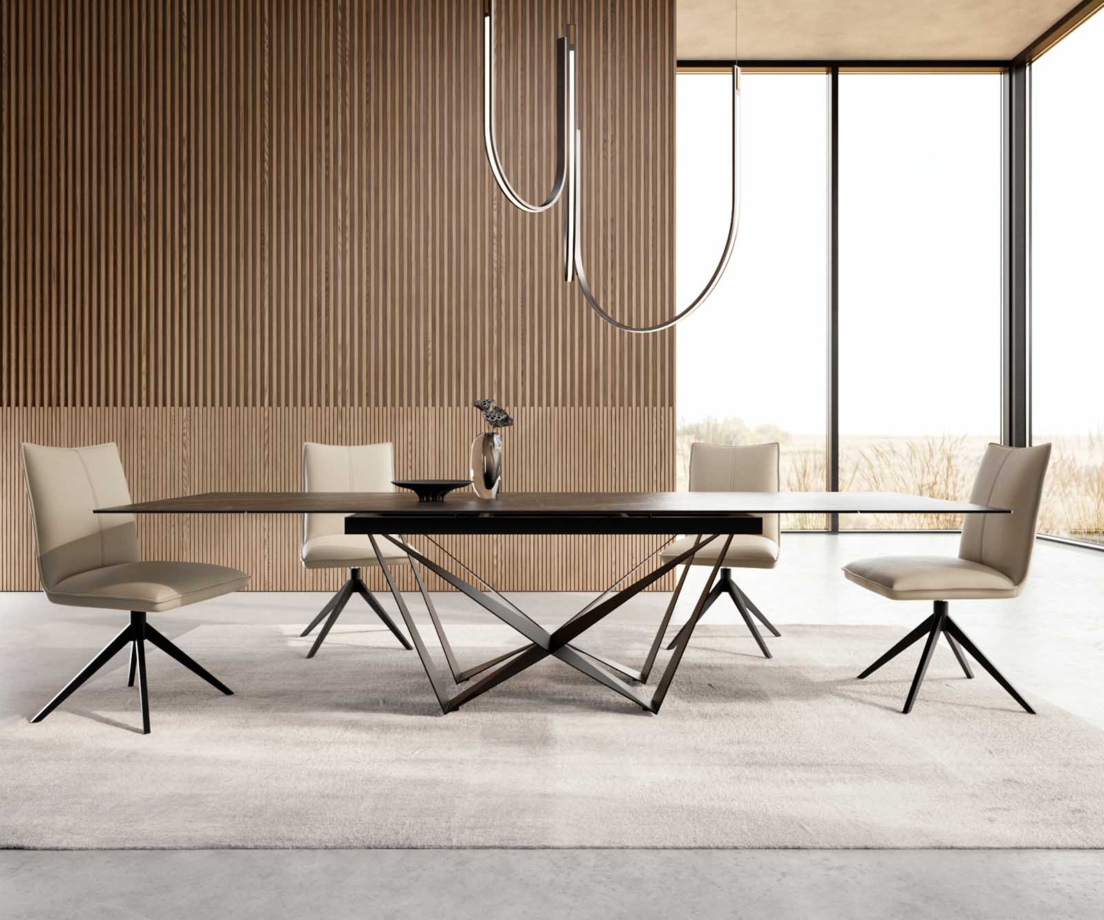 Stół do jadalni Edge 200-300x100 cm ceramika Laminam® Noir Desir brązowy rama Spider metal czarna rozkładany 2