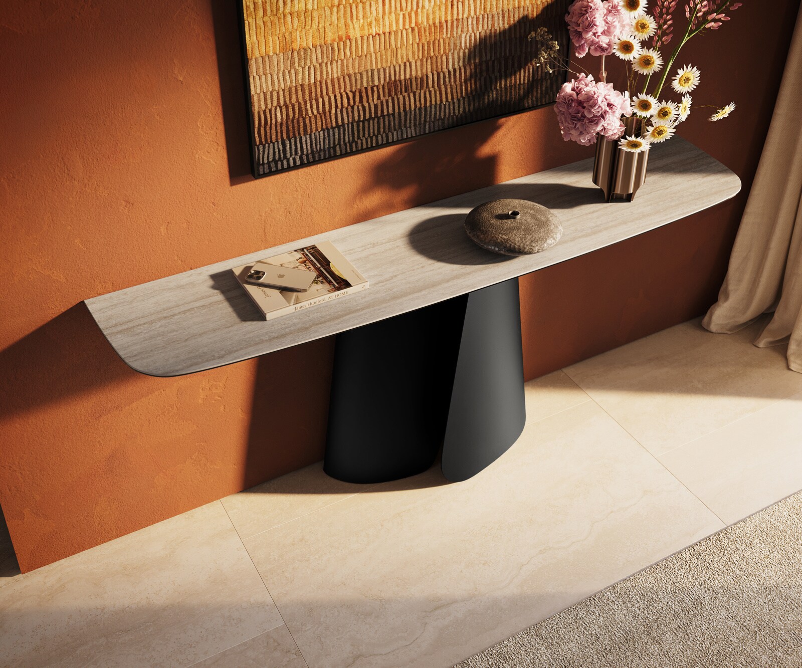 Konsola Edge w kształcie beczki 180x40 cm ceramika Laminam® Travertino Bianco kremowo-biały podstawa Livos metal czarny 4