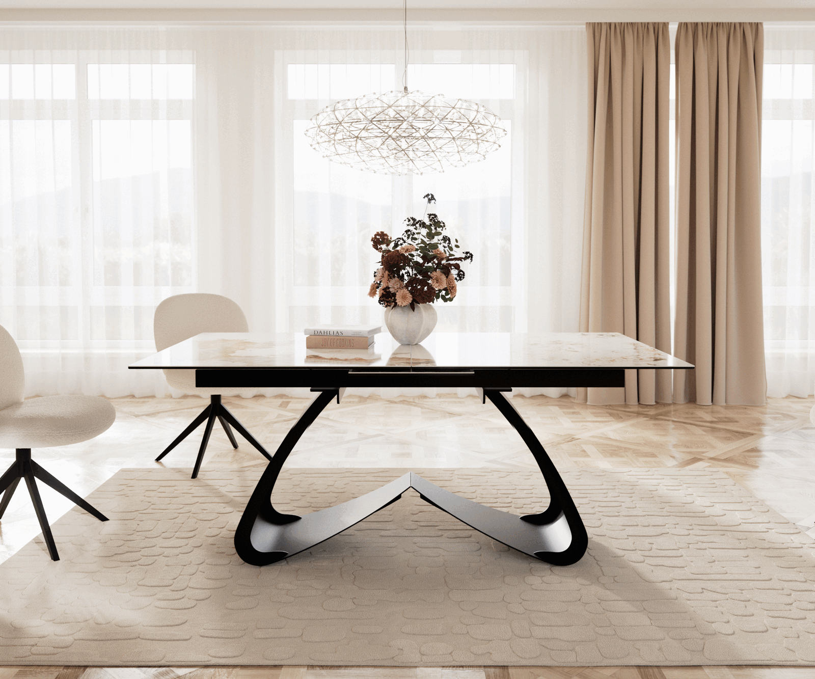 Stół do jadalni Edge 180-220x100 cm ceramika Minas Melange biało-beżowy rama W czarna rozkładany 1