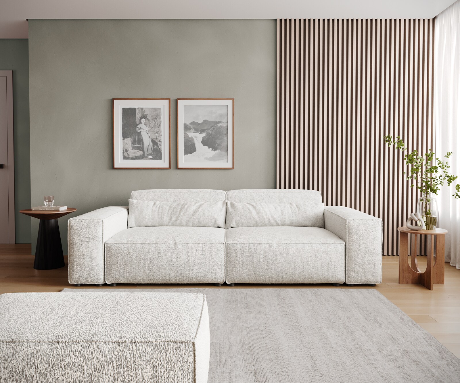 Duża sofa Sirpio 230x95 cm bouclé kremowo-biały z pufem 2