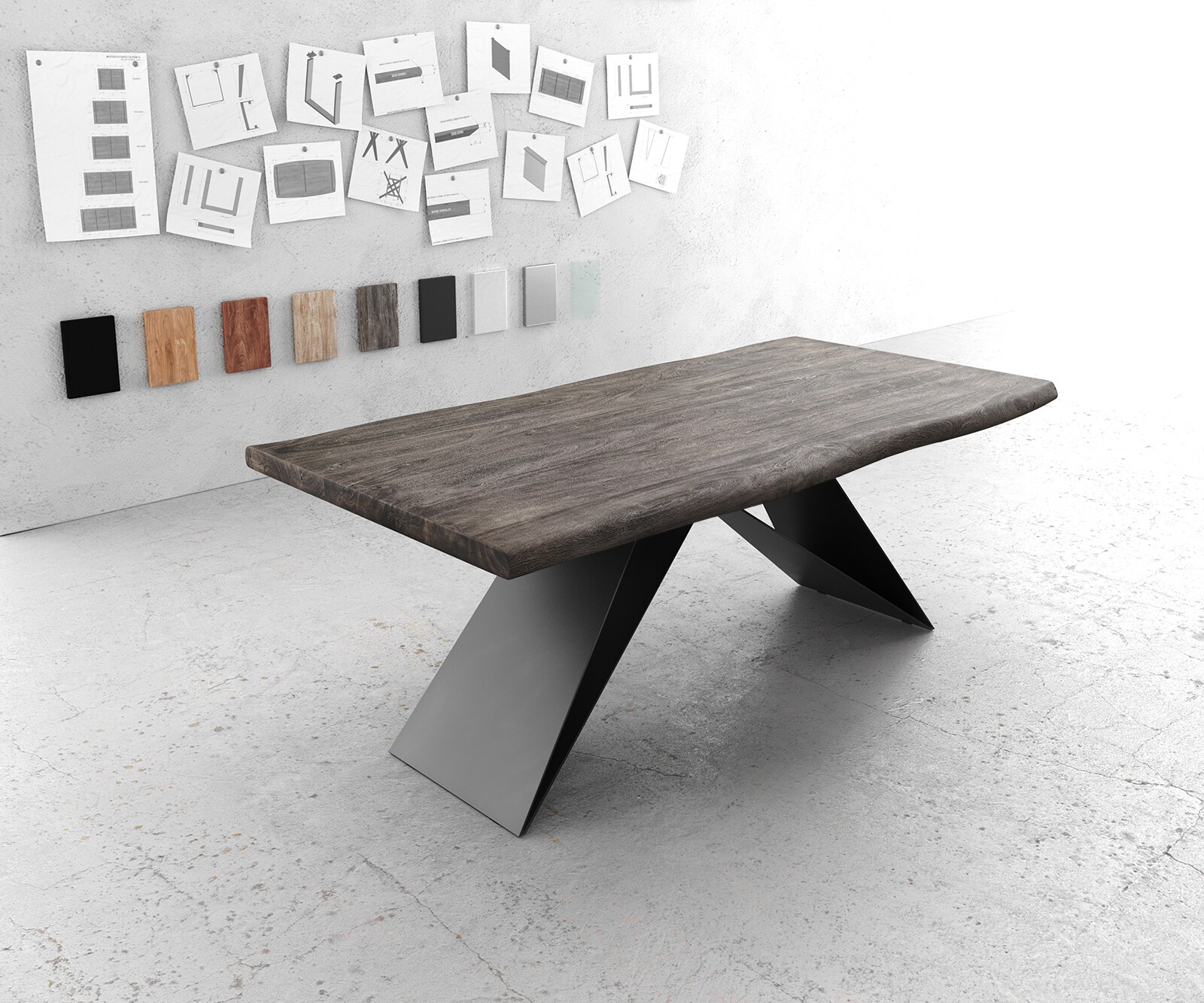 Stół do jadalni Edge 200x100 cm XL akacja platynowa rama V metal czarna live-edge 1
