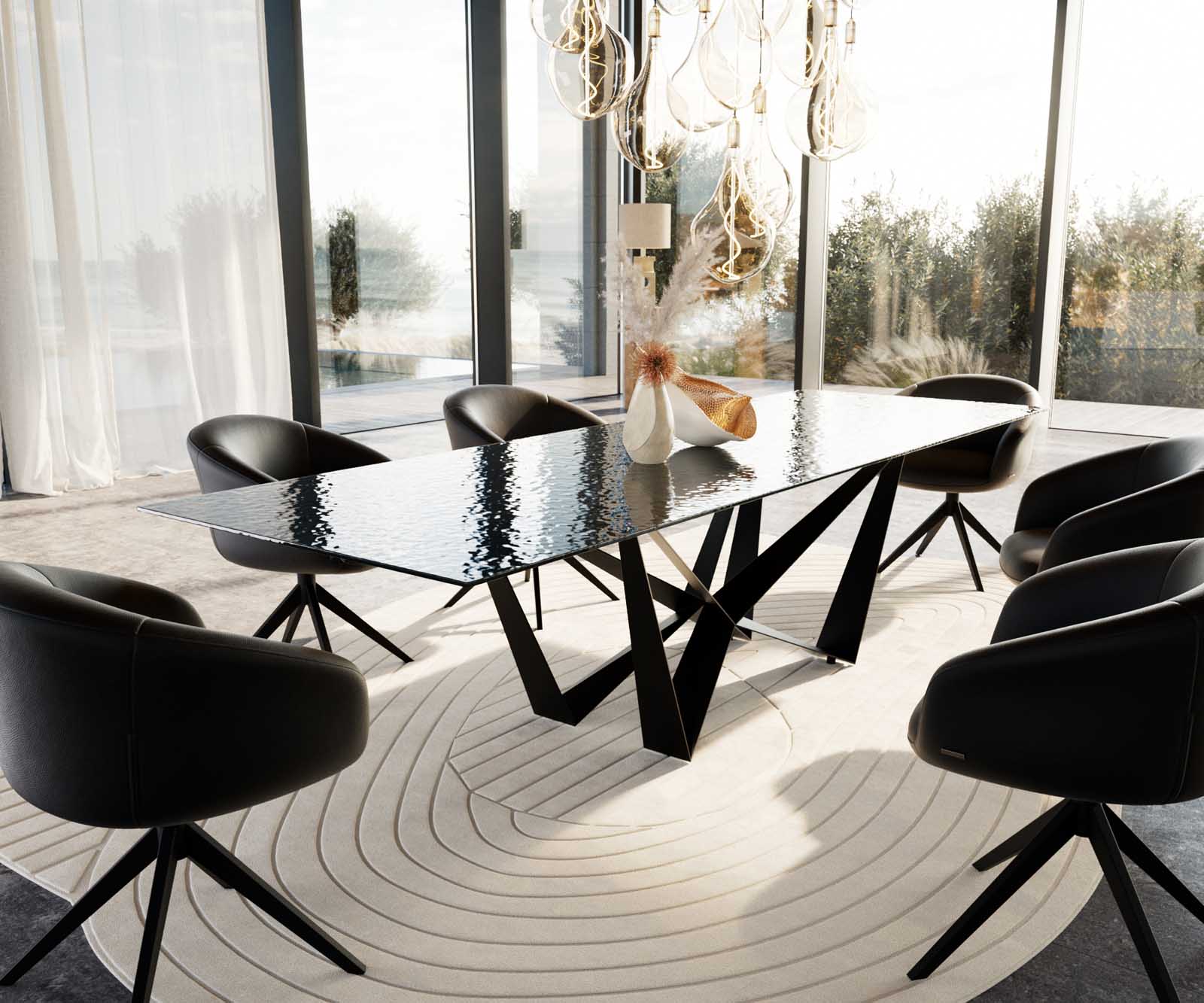 Stół do jadalni Edge 300x100cm szkło reliefowe czarne efekt 3D rama Spider metal czarna 9