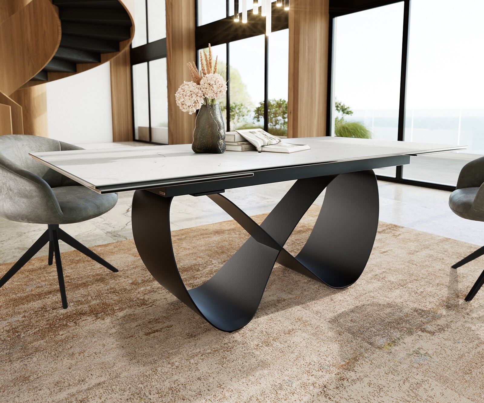 Stół do jadalni Edge 200-300x100 cm ceramika Laminam® Statuarietto biały rama Infinity metal czarny rozkładany 5