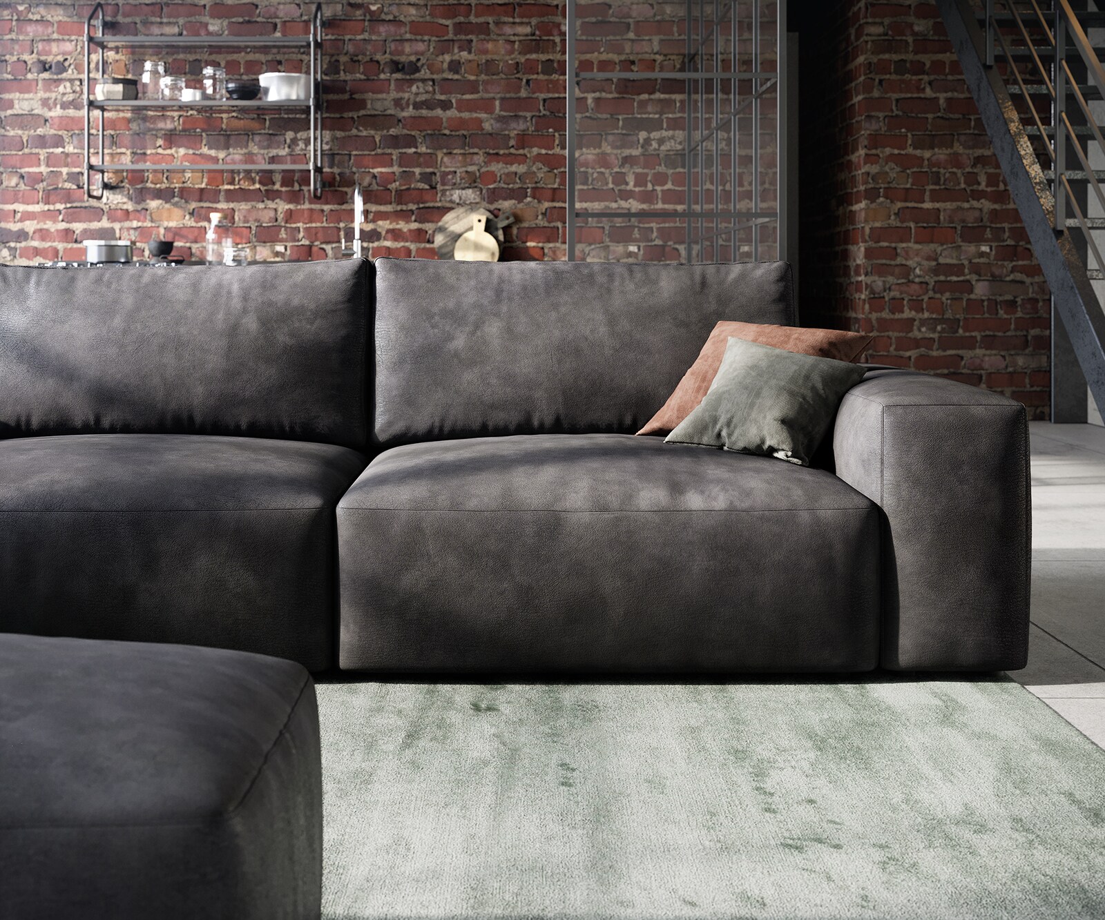 Sofa Lanzo 230x95 cm skóra ekologiczna antracyt vintage z pufemXL 5