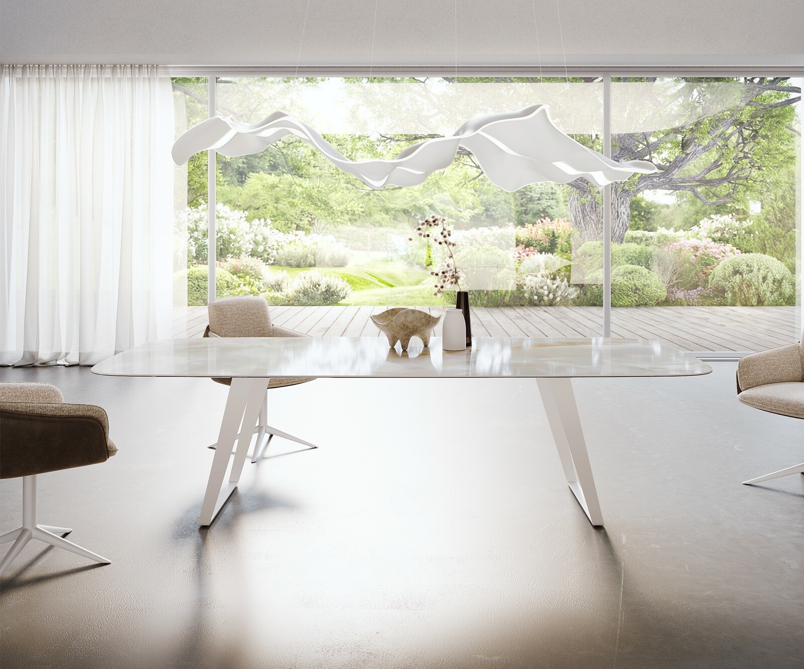 Stół do jadalni Edge w kształcie beczki 270x120 cm ceramika Iris FMG Onice Grigio rama pochylona metal biały 2