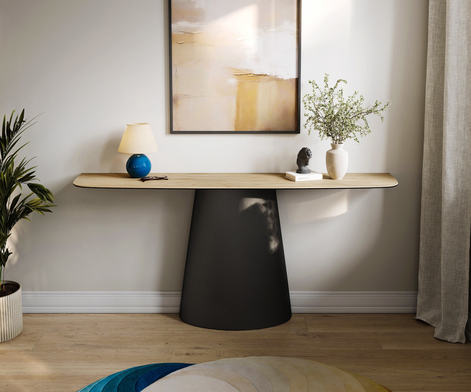 Konsola Edge w kształcie beczki 180x40 cm ceramika Laminam® Sabbia w kolorze dębu rama Conos metal czarny 4