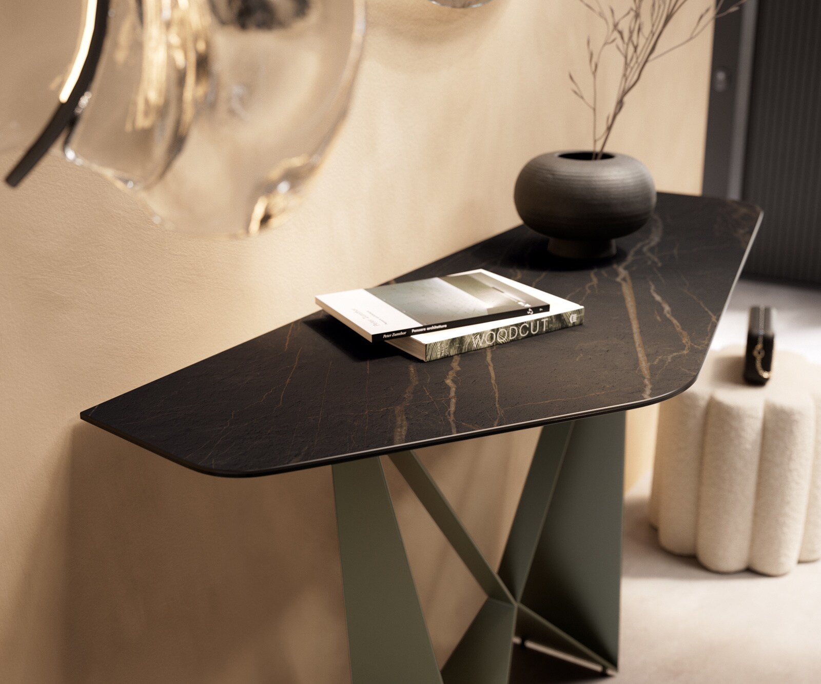 Konsola Edge wielokątna 140x50 cm ceramika Laminam® Noir Desir brązowa podstawa Spios metal w kolorze tytanu 6