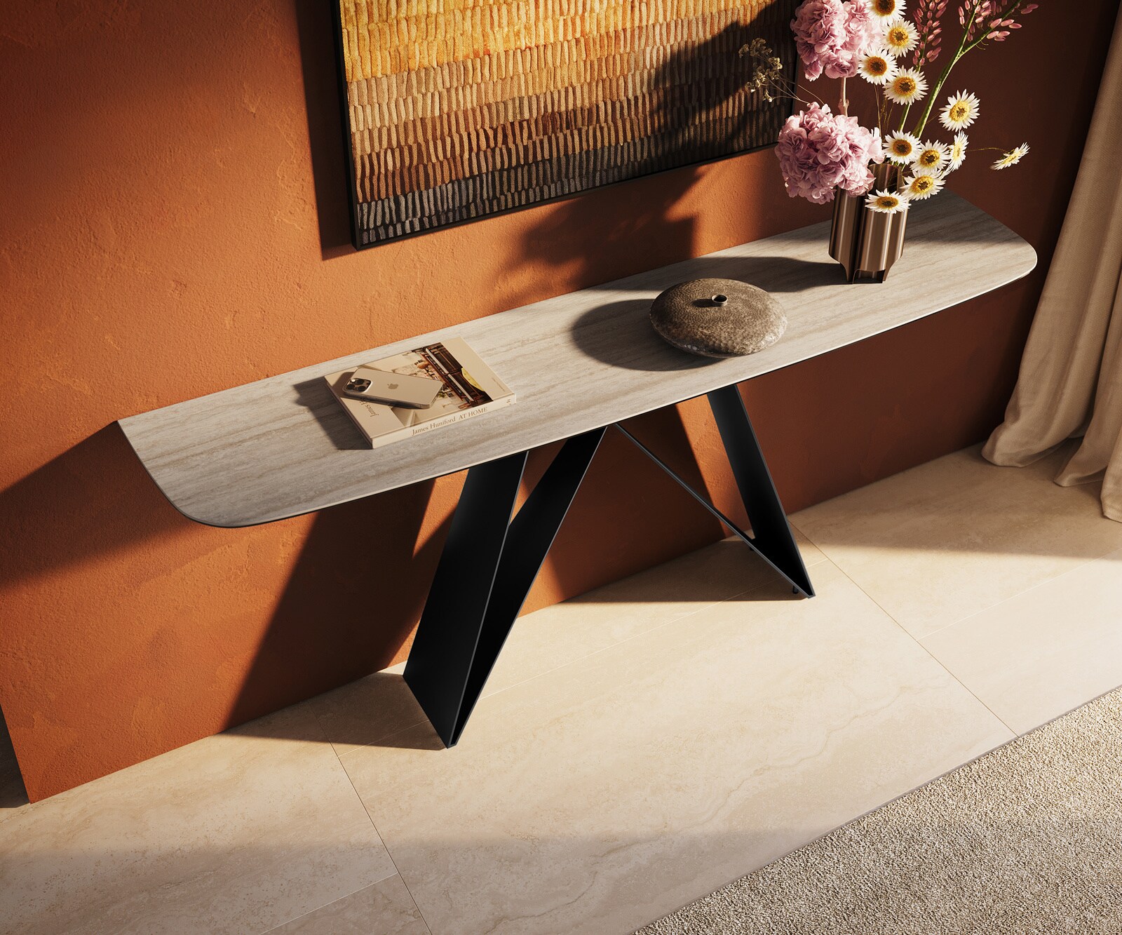 Konsola Edge w kształcie beczki 180x40 cm ceramika Laminam® Travertino Bianco kremowo-biały podstawa Velio metal czarny 4